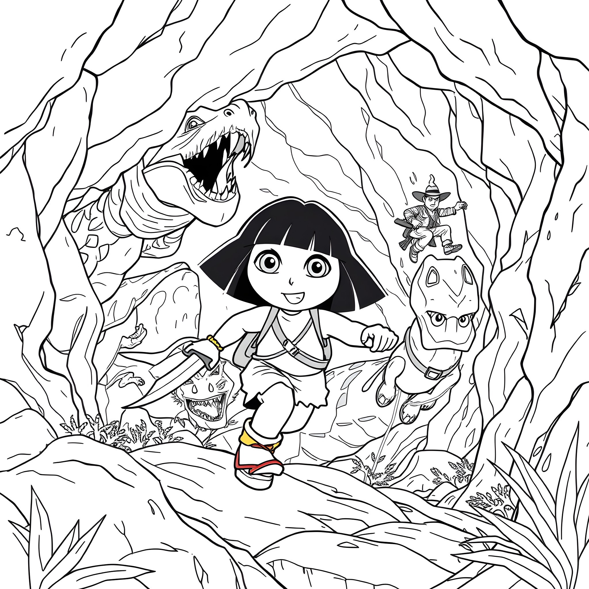 Dora's Adventure in the Mysterious Cave Coloring Page (free black-and-white line drawing printable PDF for all, from beginners to advanced learners, including children, teens, adults, and seniors)
