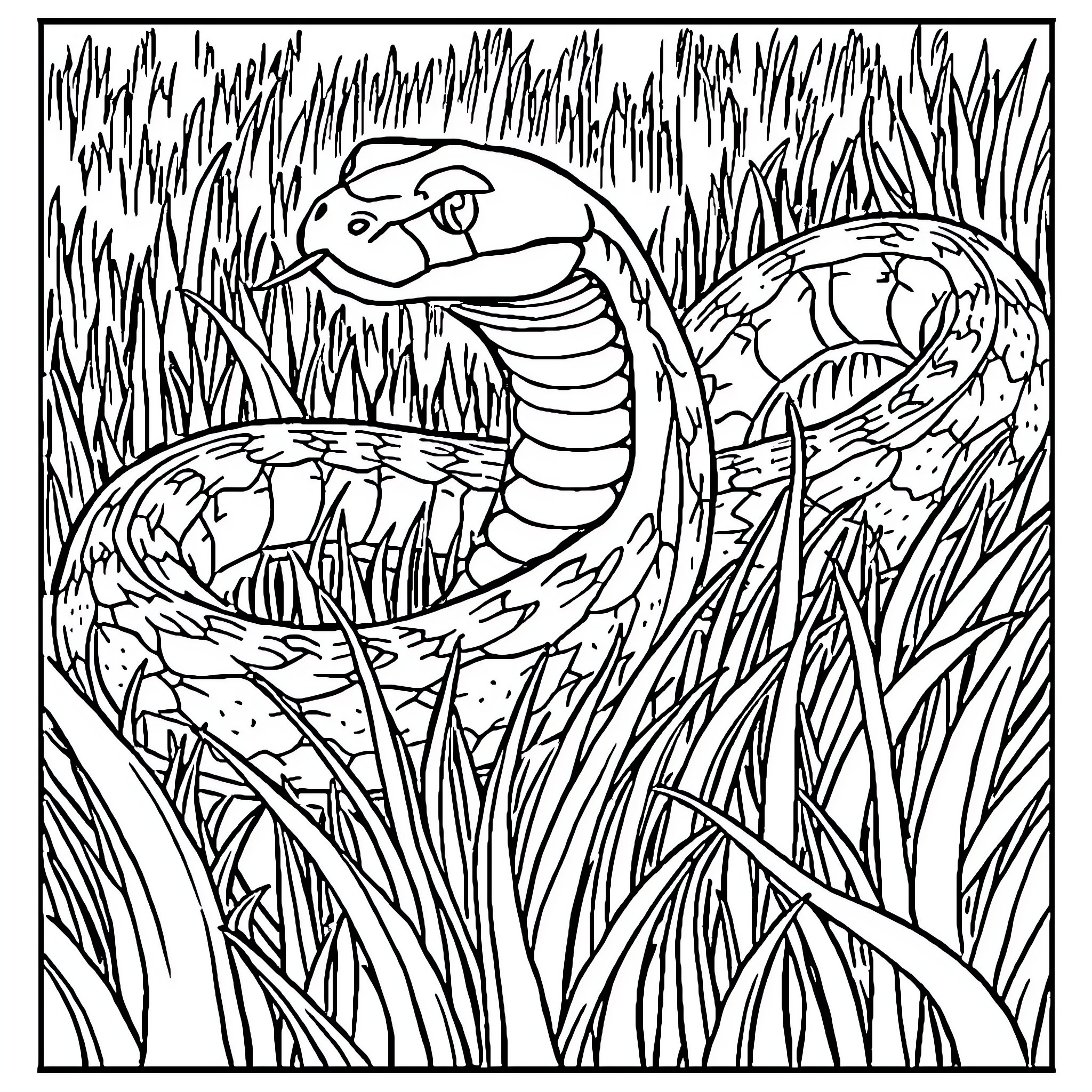 Snake slithering through the tall grass Coloring Page (free black-and-white line drawing printable PDF for all, from beginners to advanced learners, including children, teens, adults, and seniors)