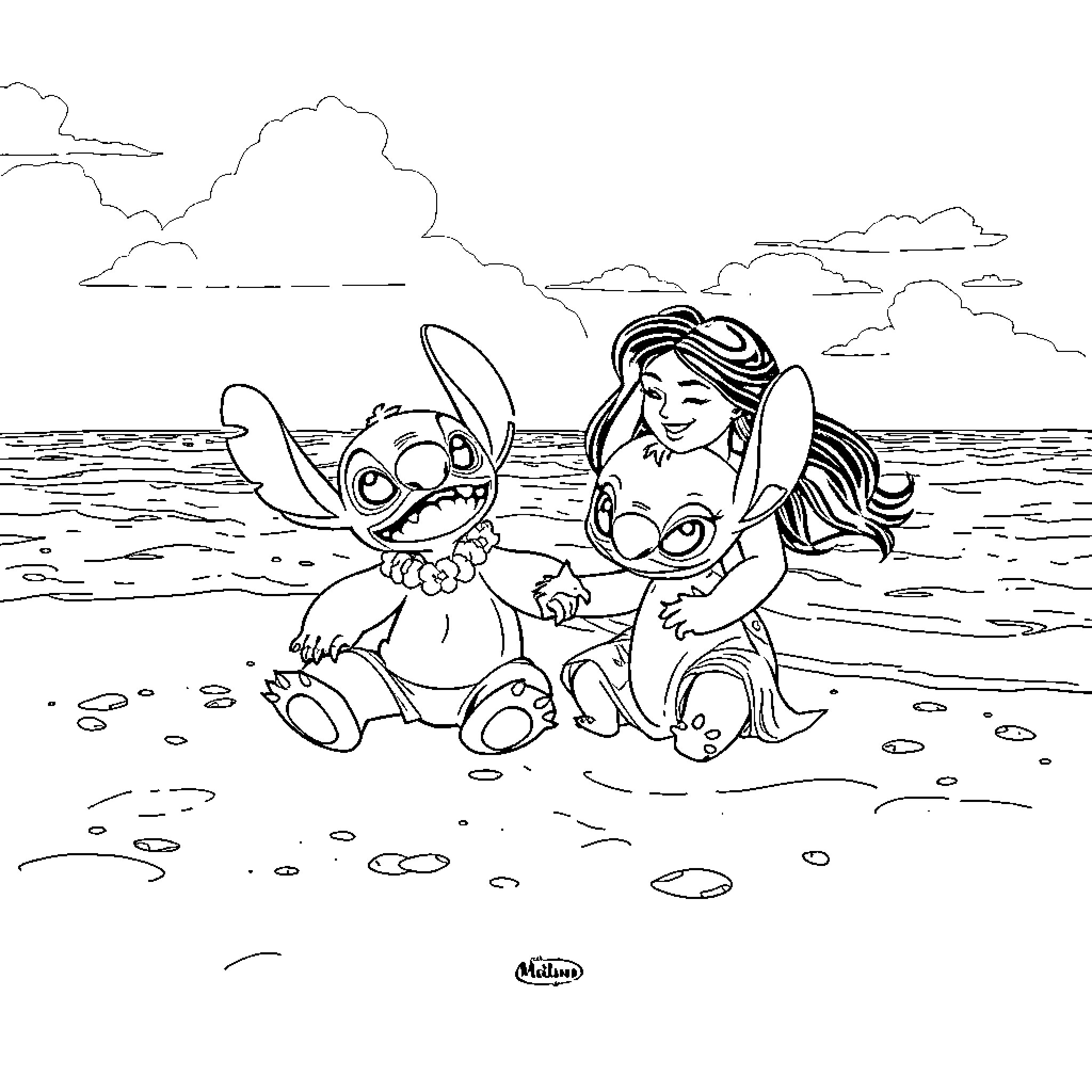 Lilo and Stitch playing on the beach Coloring Page (free black-and-white line drawing printable PDF for all, from beginners to advanced learners, including children, teens, adults, and seniors)