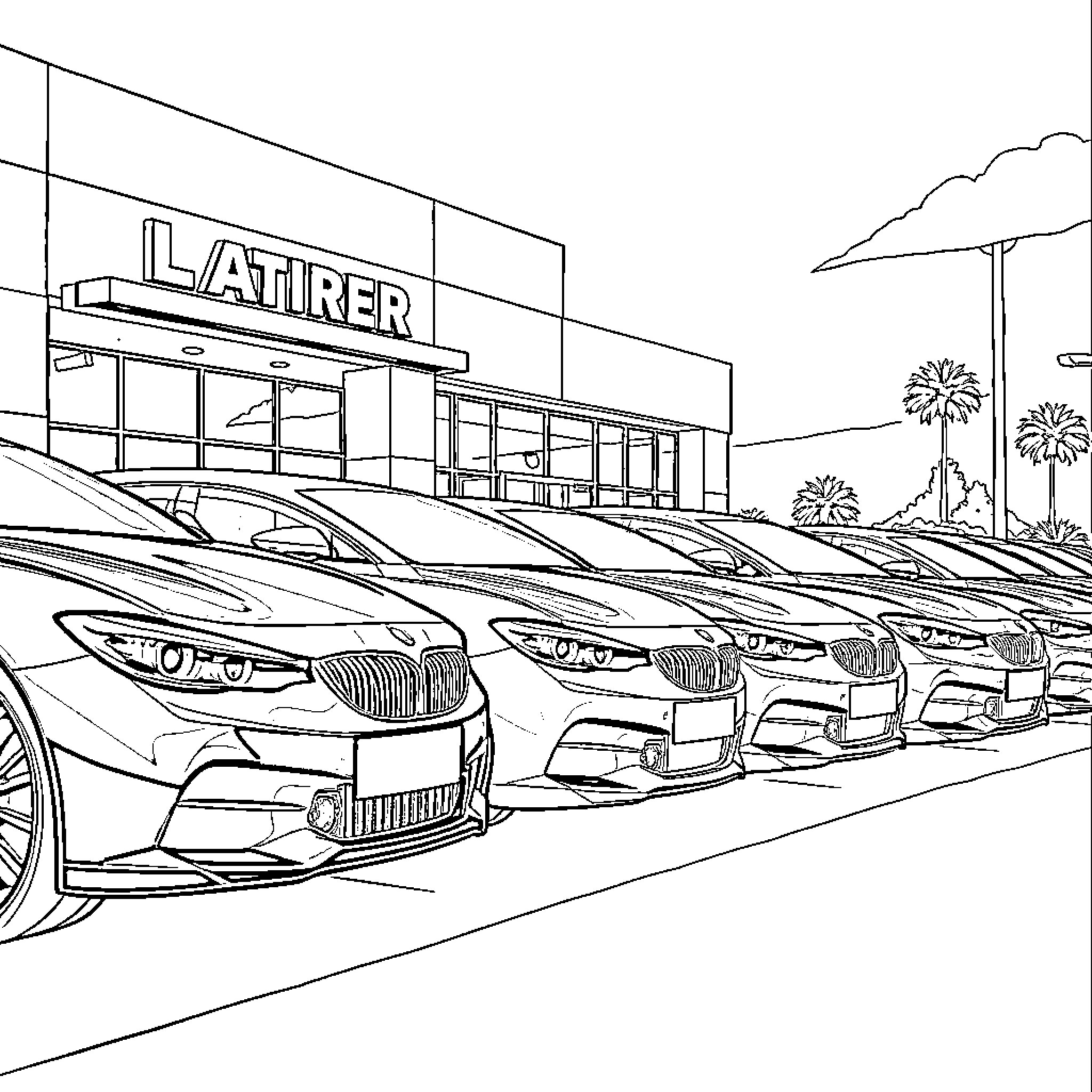 Car dealership with luxury vehicles on display Coloring Page (free black-and-white line drawing printable PDF for all, from beginners to advanced learners, including children, teens, adults, and seniors)