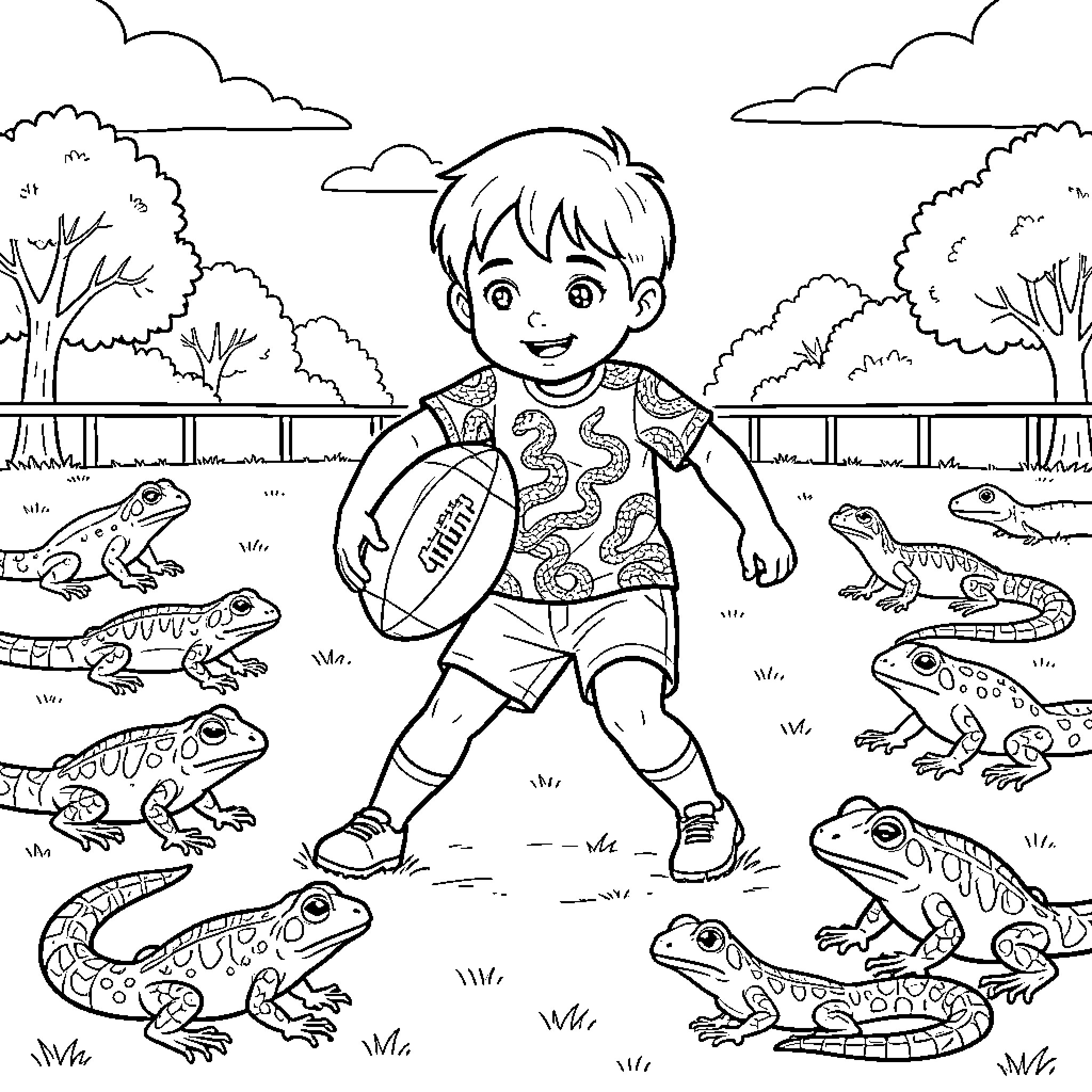 Niño playing with frogs in the park Coloring Page (free black-and-white line drawing printable PDF for all, from beginners to advanced learners, including children, teens, adults, and seniors)