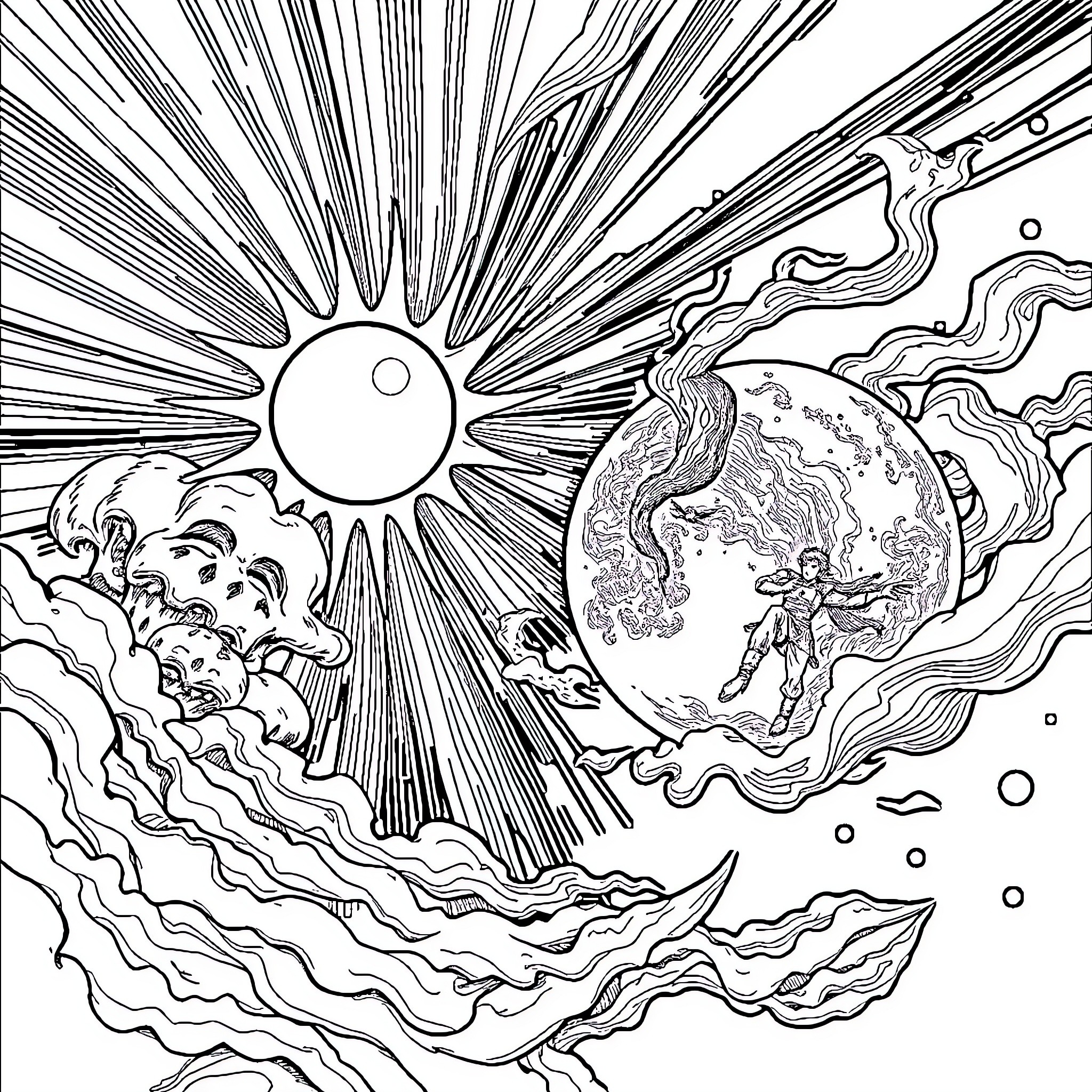 Sun and Moon: Celestial Harmony Coloring Page (free black-and-white line drawing printable PDF for all, from beginners to advanced learners, including children, teens, adults, and seniors)