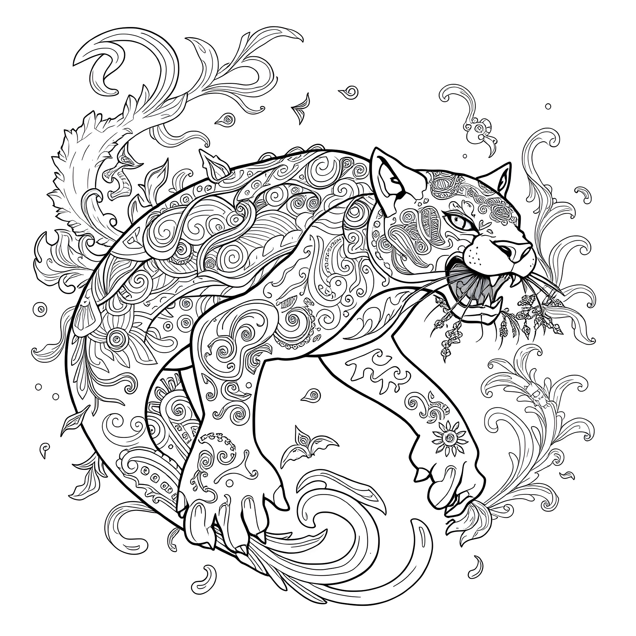 Mishipeshu - Ornamental Mythical Creature Coloring Page (free black-and-white line drawing printable PDF for all, from beginners to advanced learners, including children, teens, adults, and seniors)