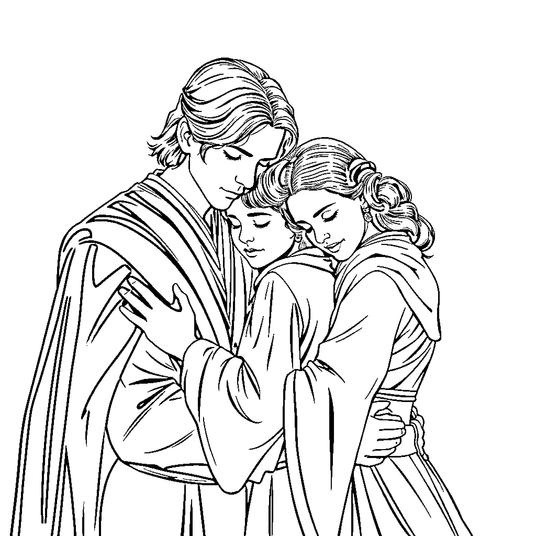Skywalker Family Embrace Coloring Page (free black-and-white line drawing printable PDF for all, from beginners to advanced learners, including children, teens, adults, and seniors)