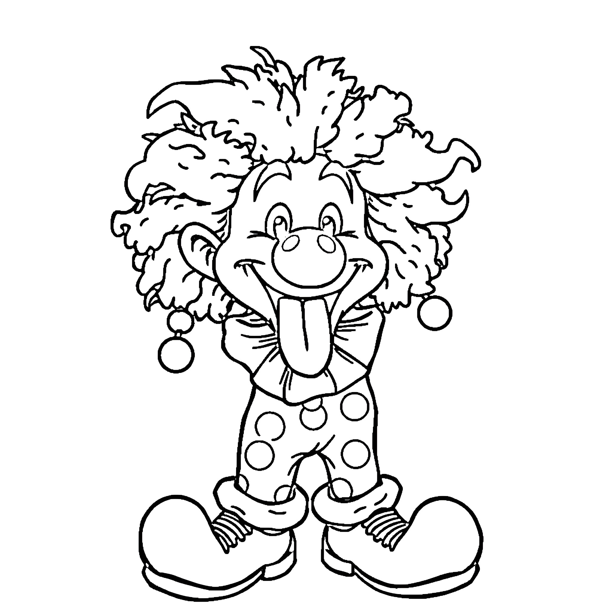 Clown with big smile and frizzy hair Coloring Page (free black-and-white line drawing printable PDF for all, from beginners to advanced learners, including children, teens, adults, and seniors)