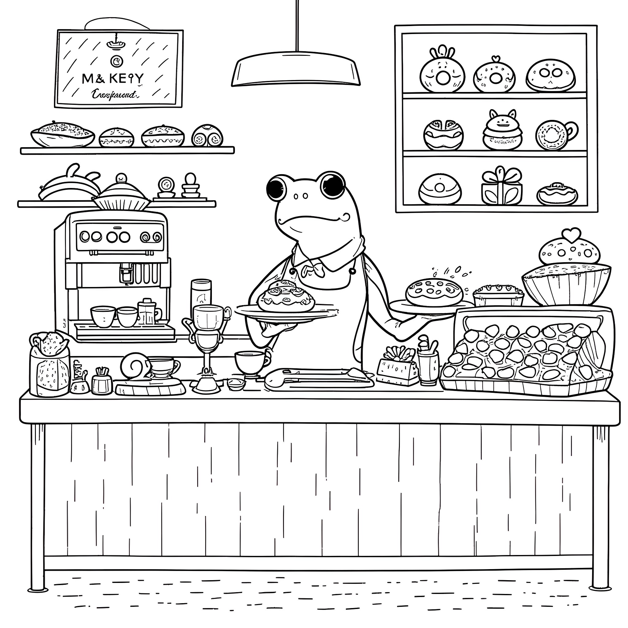 Frog chef preparing delicious dishes in the kitchen Coloring Page (free black-and-white line drawing printable PDF for all, from beginners to advanced learners, including children, teens, adults, and seniors)