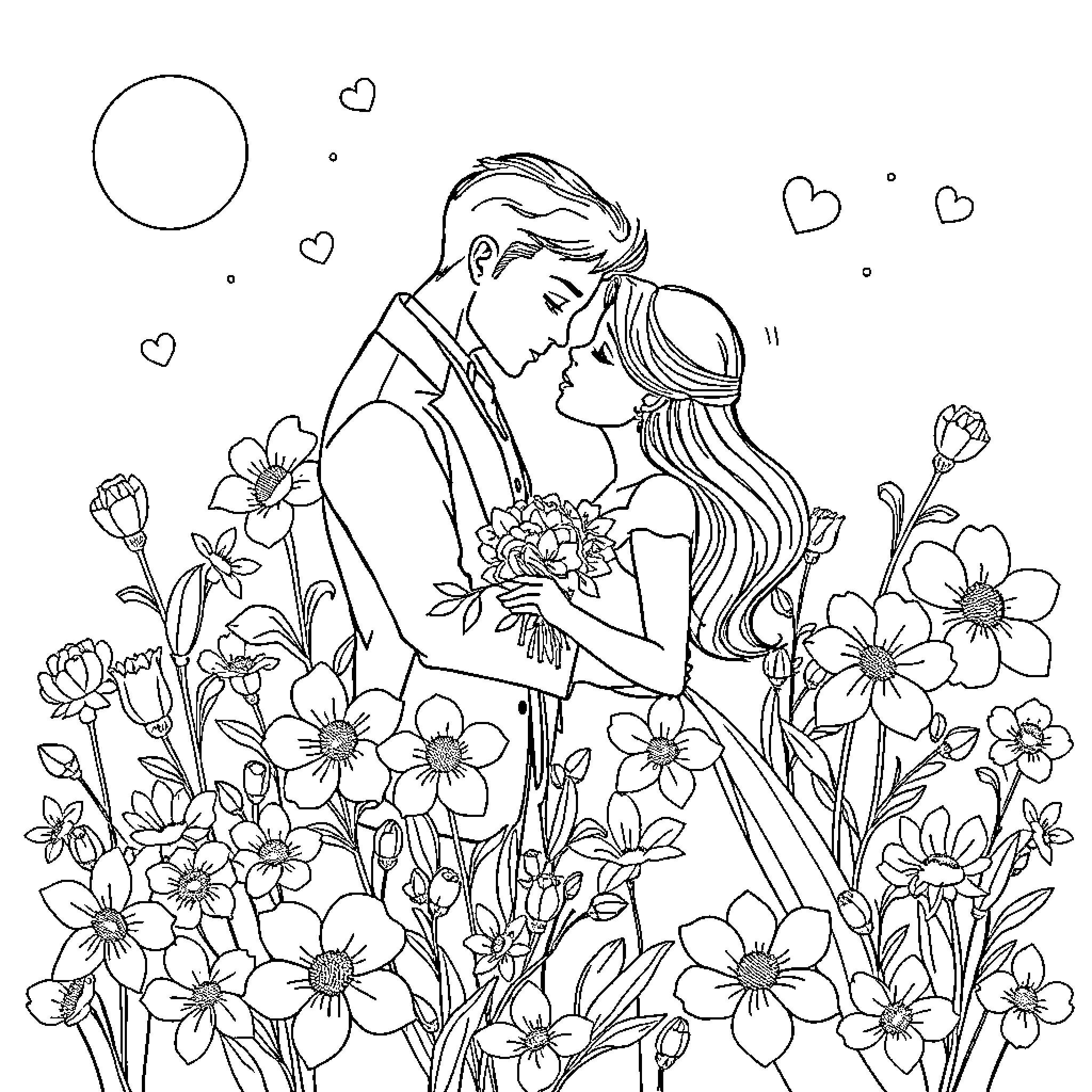 Love and Flower - Romantic couple embracing in a field of blossoms Coloring Page (free black-and-white line drawing printable PDF for all, from beginners to advanced learners, including children, teens, adults, and seniors)