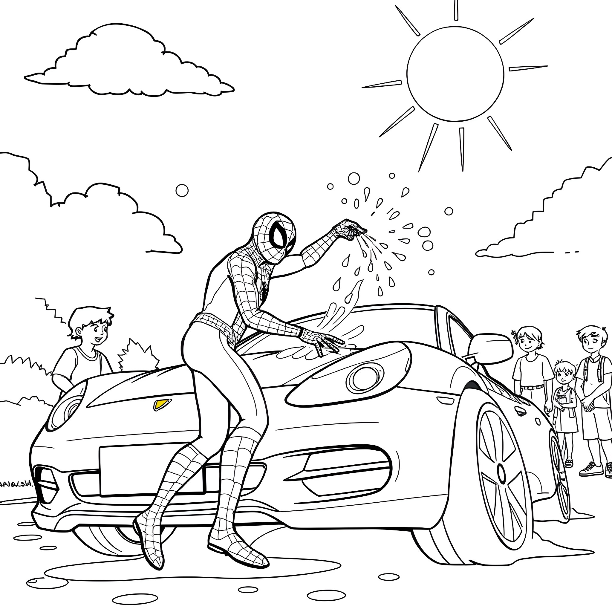 Spiderman helps fix the broken-down car on a sunny day Coloring Page (free black-and-white line drawing printable PDF for all, from beginners to advanced learners, including children, teens, adults, and seniors)