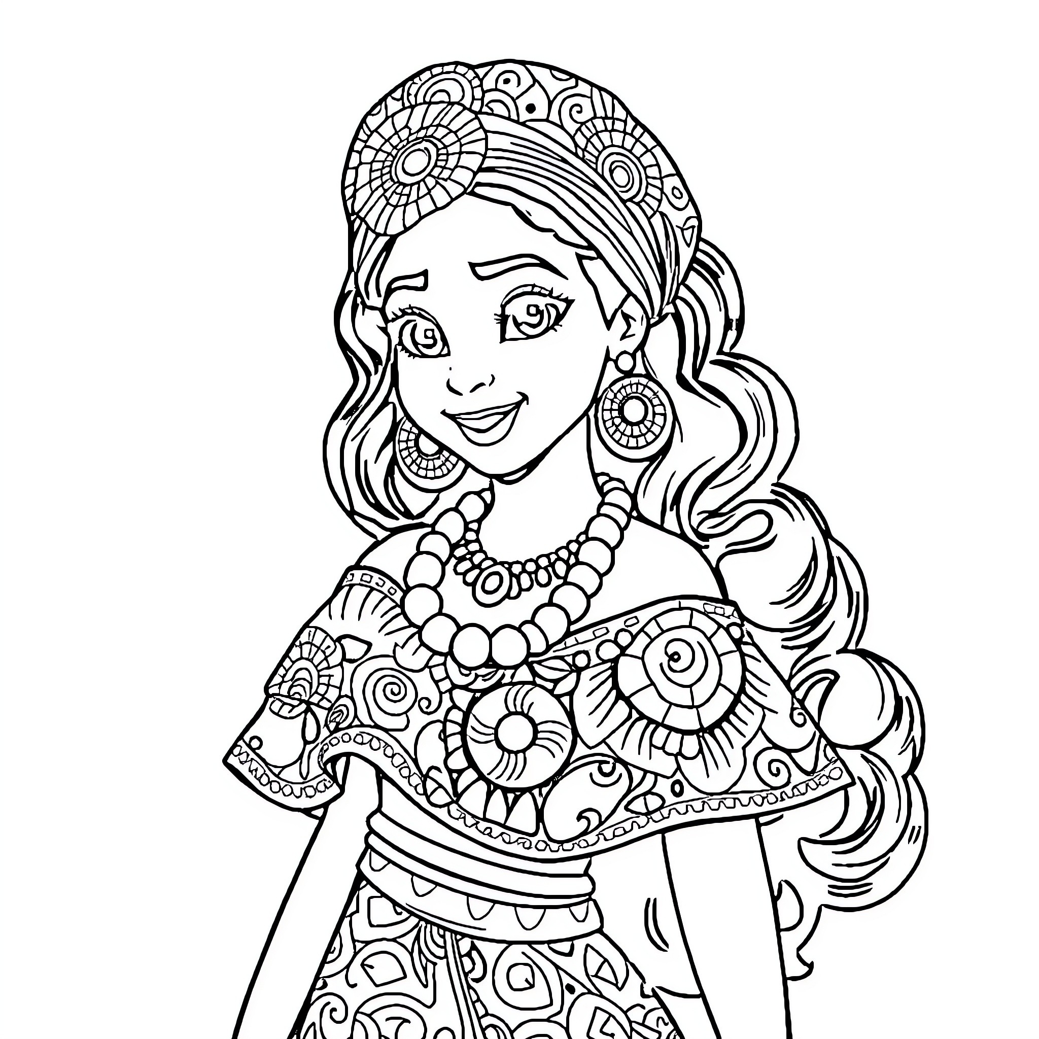 Vaiana smiling joyfully in intricate traditional attire Coloring Page (free black-and-white line drawing printable PDF for all, from beginners to advanced learners, including children, teens, adults, and seniors)