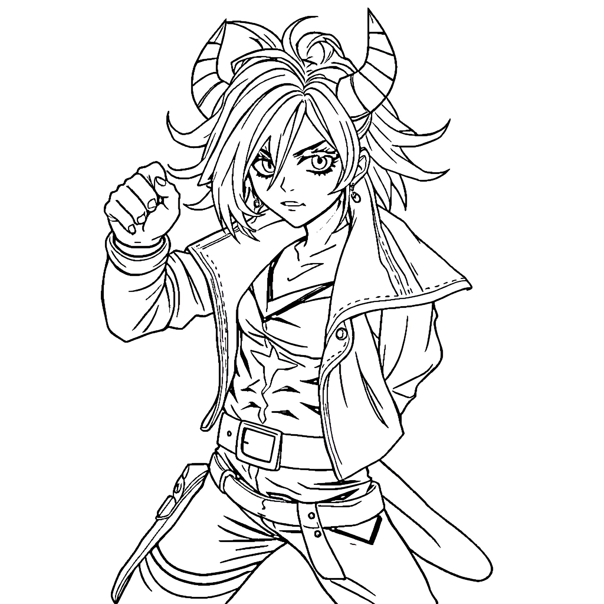 Kpop Demon Hunter with Fierce Expression and Unique Outfit Coloring Page (free black-and-white line drawing printable PDF for all, from beginners to advanced learners, including children, teens, adults, and seniors)