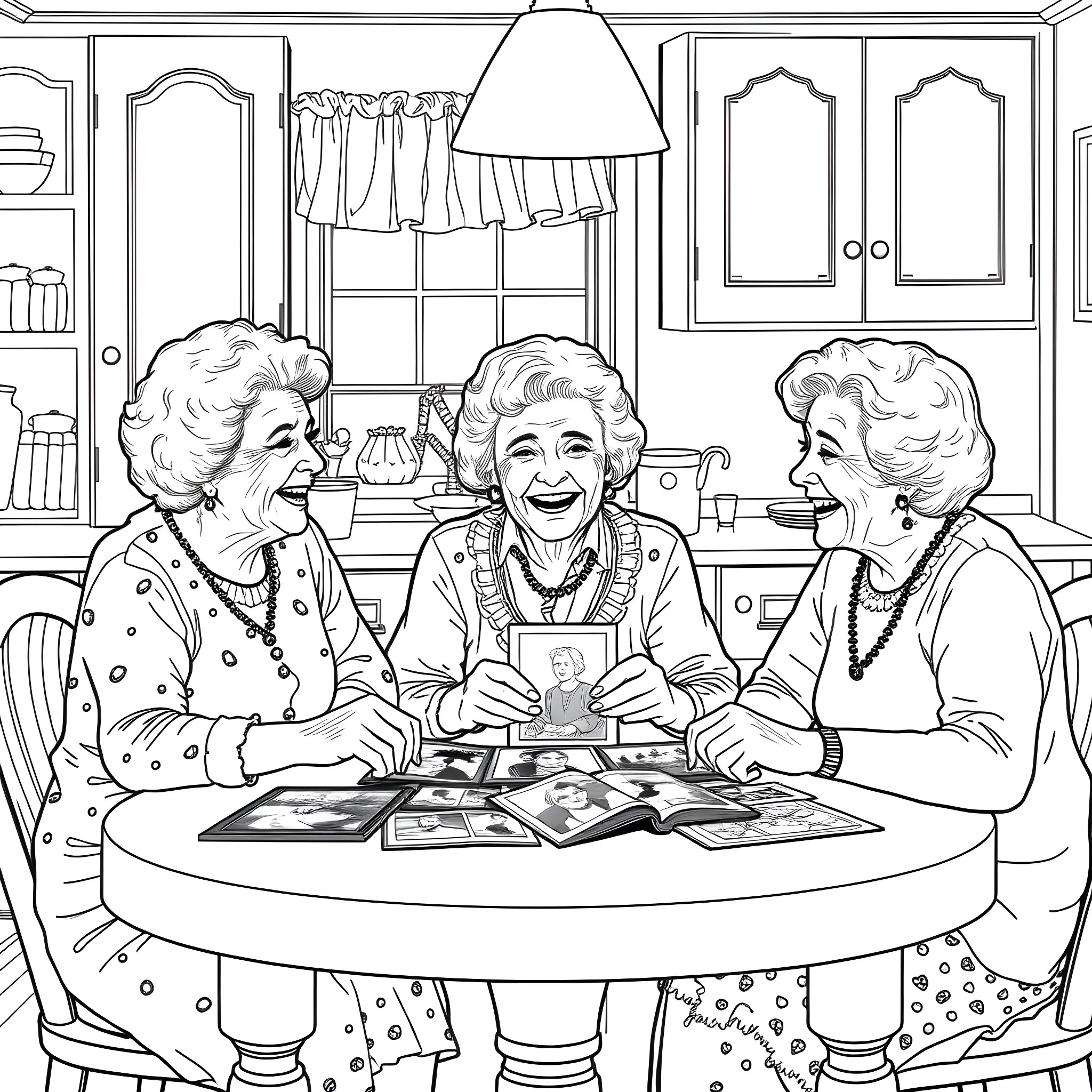 Lady Friends Sharing Joyful Moments Over Photographs Coloring Page (free black-and-white line drawing printable PDF for all, from beginners to advanced learners, including children, teens, adults, and seniors)