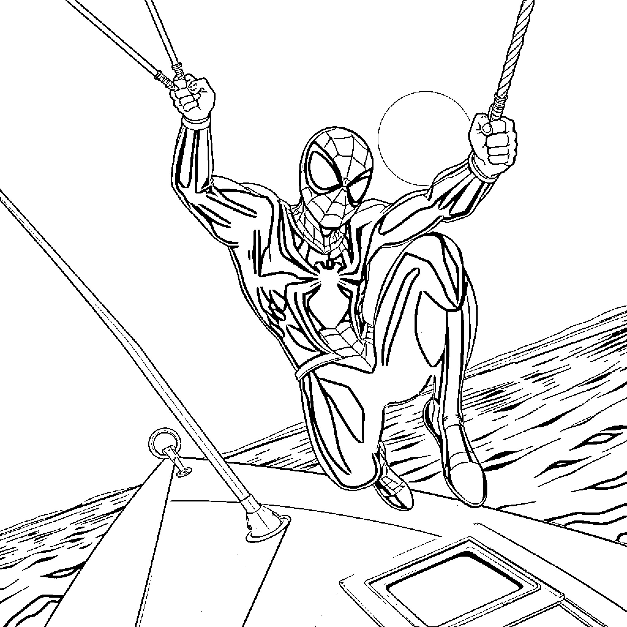 Huntrix Spider-Man's High-Octane Heroics Coloring Page (free black-and-white line drawing printable PDF for all, from beginners to advanced learners, including children, teens, adults, and seniors)