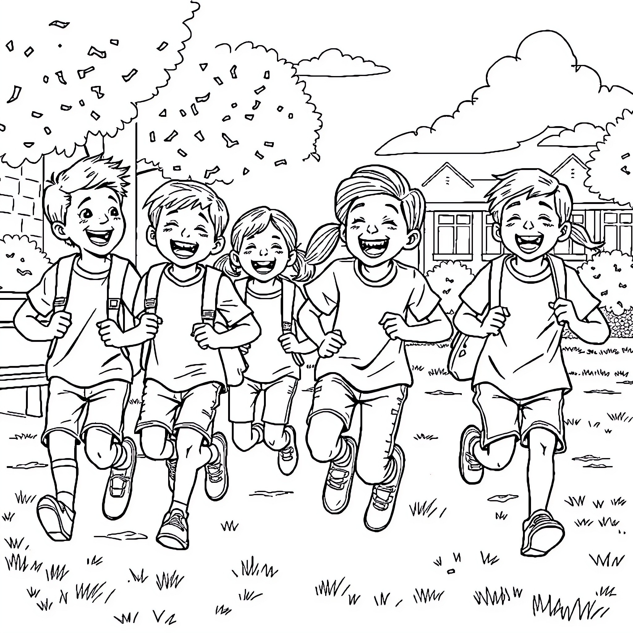 Students playing and running happily outdoors Coloring Page (free black-and-white line drawing printable PDF for all, from beginners to advanced learners, including children, teens, adults, and seniors)
