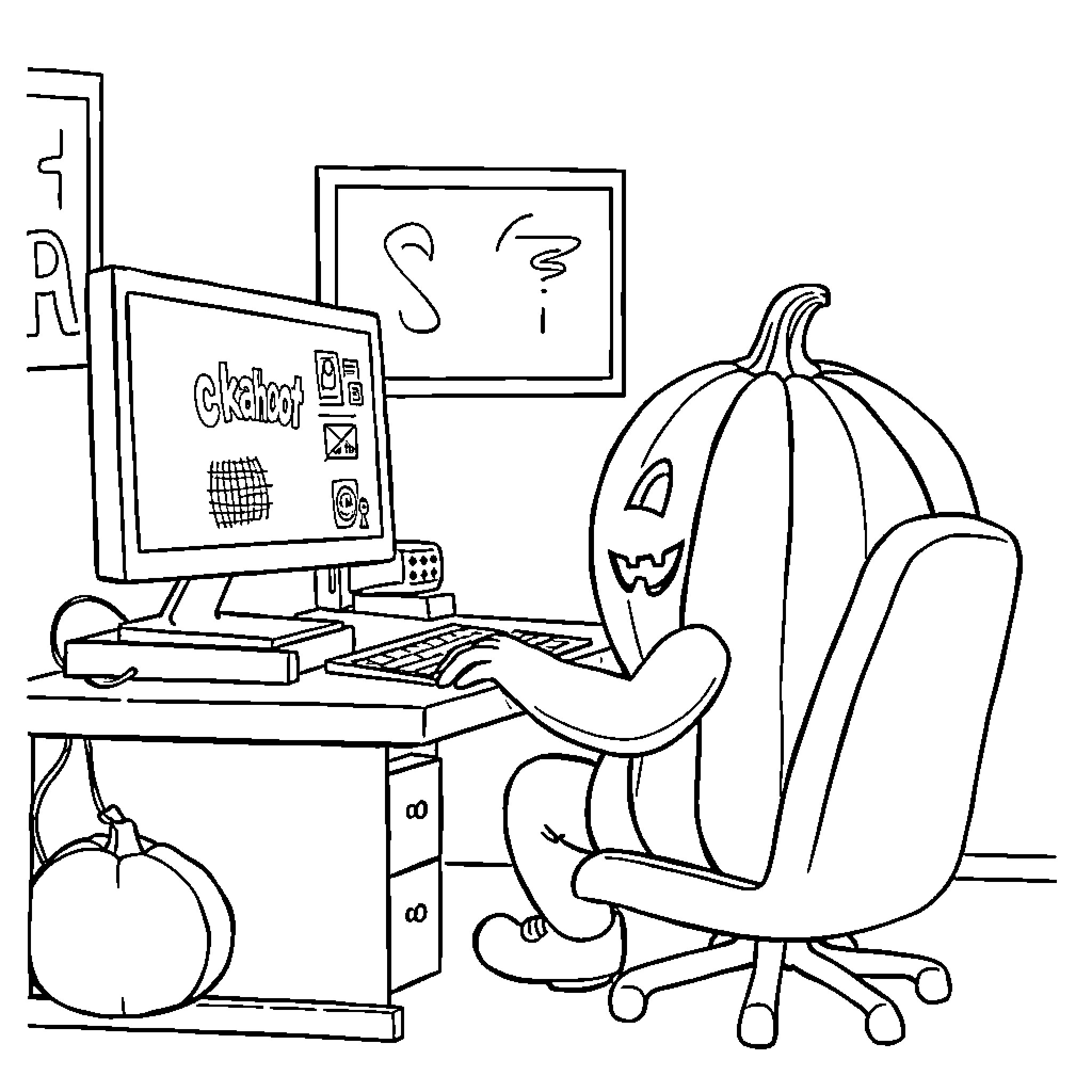 Pumpkin working on a computer in the office Coloring Page (free black-and-white line drawing printable PDF for all, from beginners to advanced learners, including children, teens, adults, and seniors)