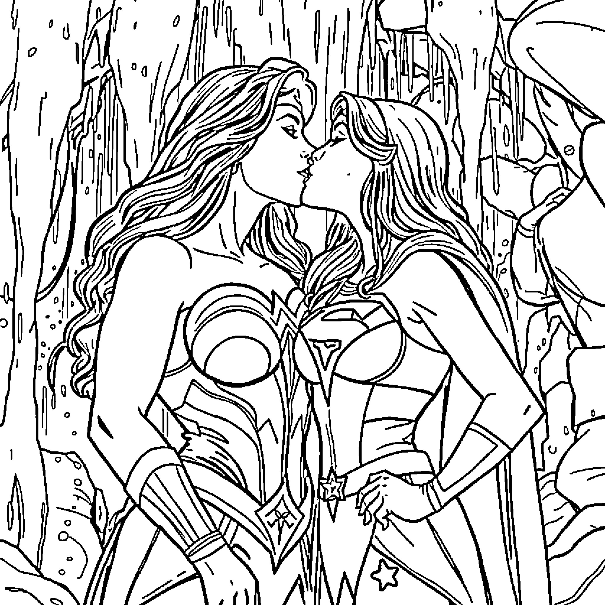 Wonder Woman kissing passionately in the rain Coloring Page (free black-and-white line drawing printable PDF for all, from beginners to advanced learners, including children, teens, adults, and seniors)