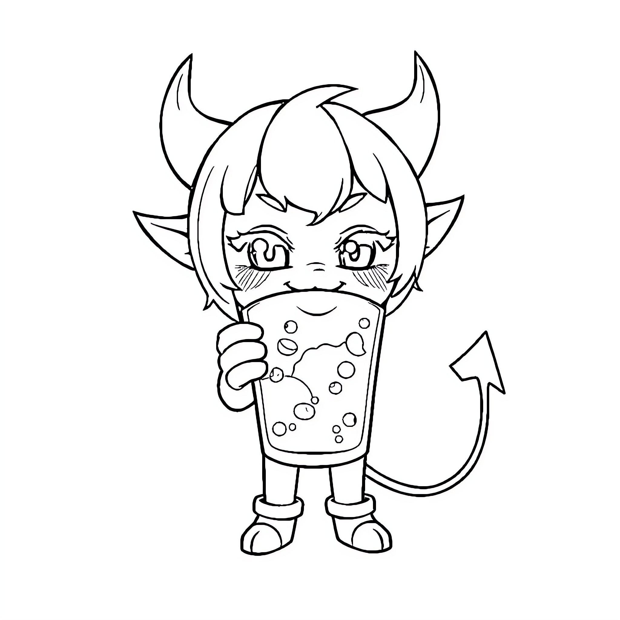 Kuromi holding a colorful beverage Coloring Page (free black-and-white line drawing printable PDF for all, from beginners to advanced learners, including children, teens, adults, and seniors)