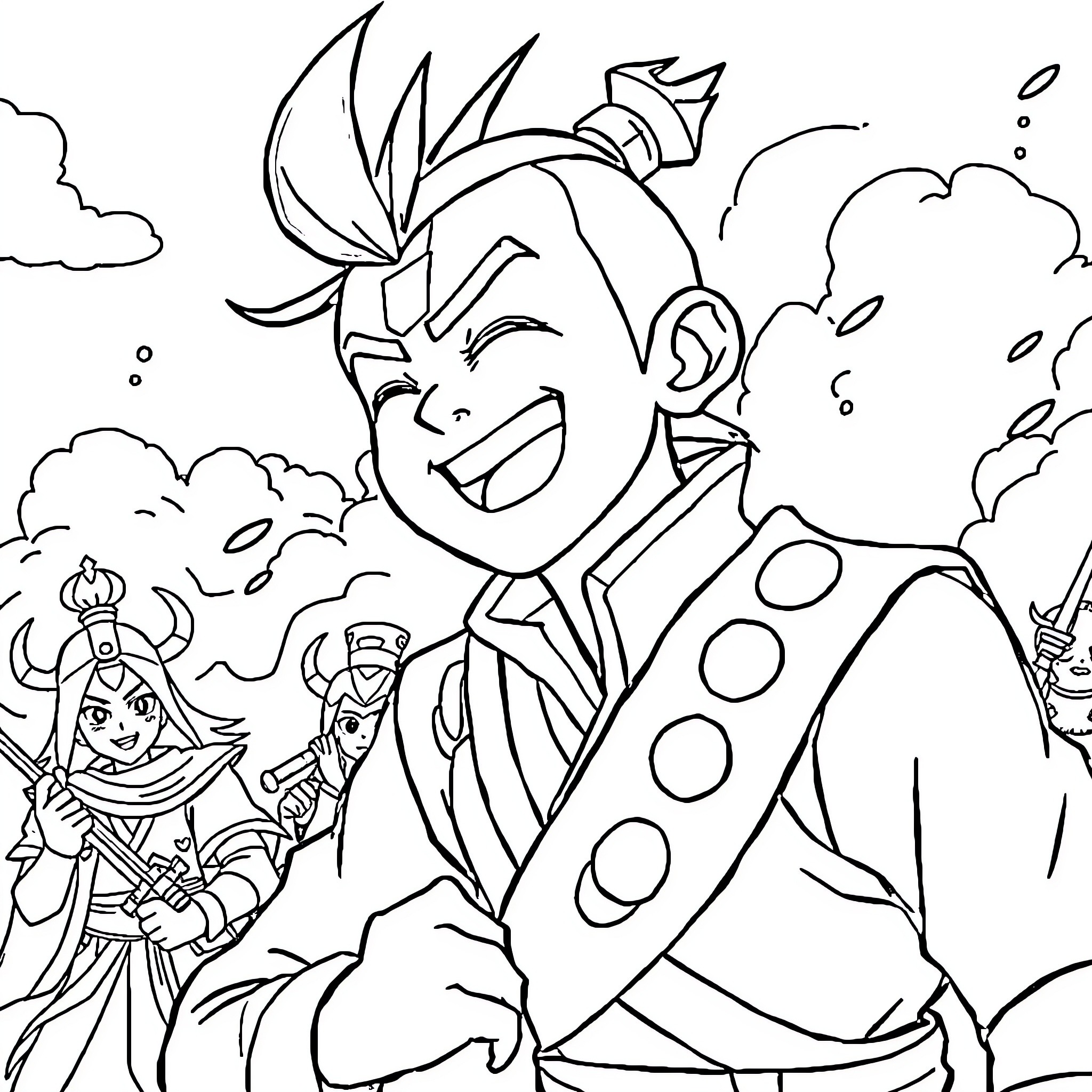 Sokka in a lively adventure with friends Coloring Page (free black-and-white line drawing printable PDF for all, from beginners to advanced learners, including children, teens, adults, and seniors)