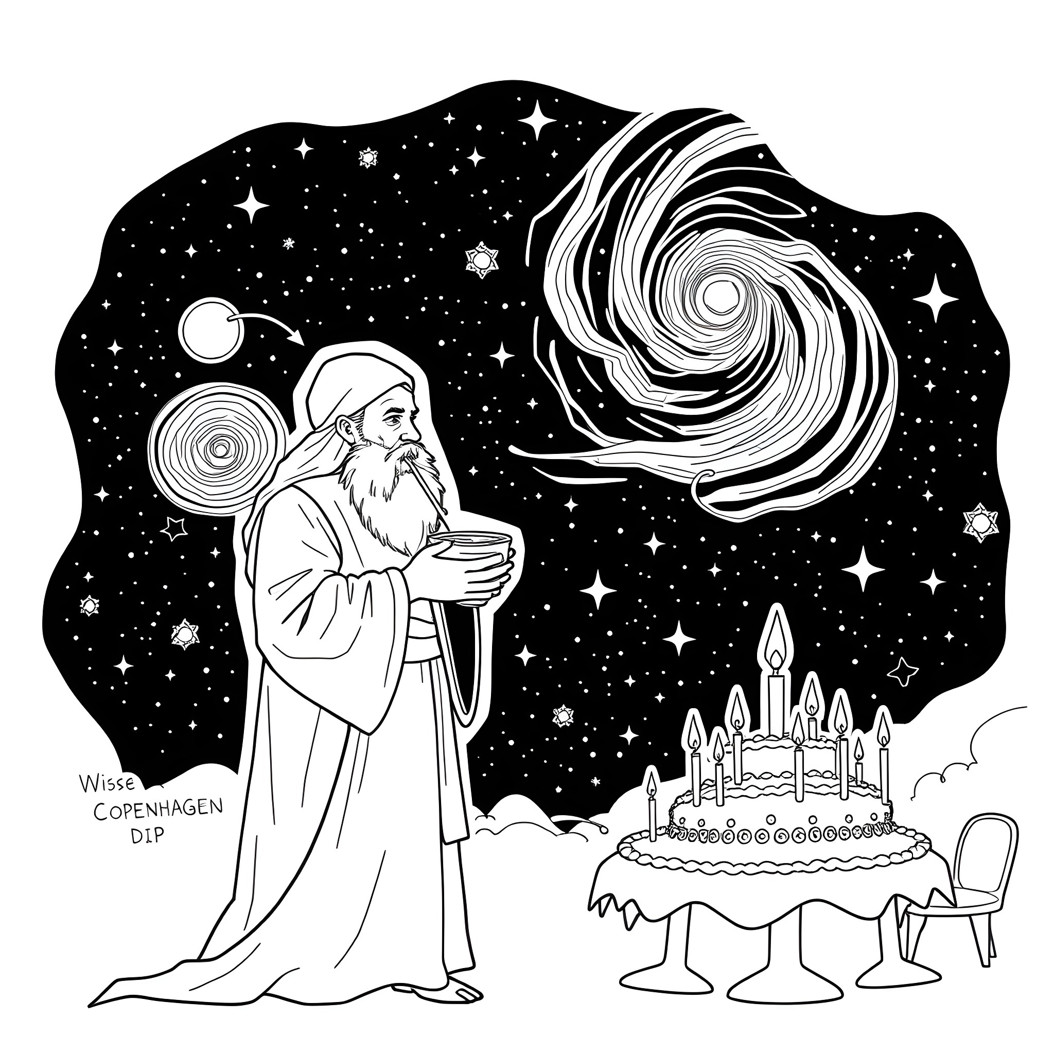 Prophet gazing at the night sky and cosmic wonders Coloring Page (free black-and-white line drawing printable PDF for all, from beginners to advanced learners, including children, teens, adults, and seniors)