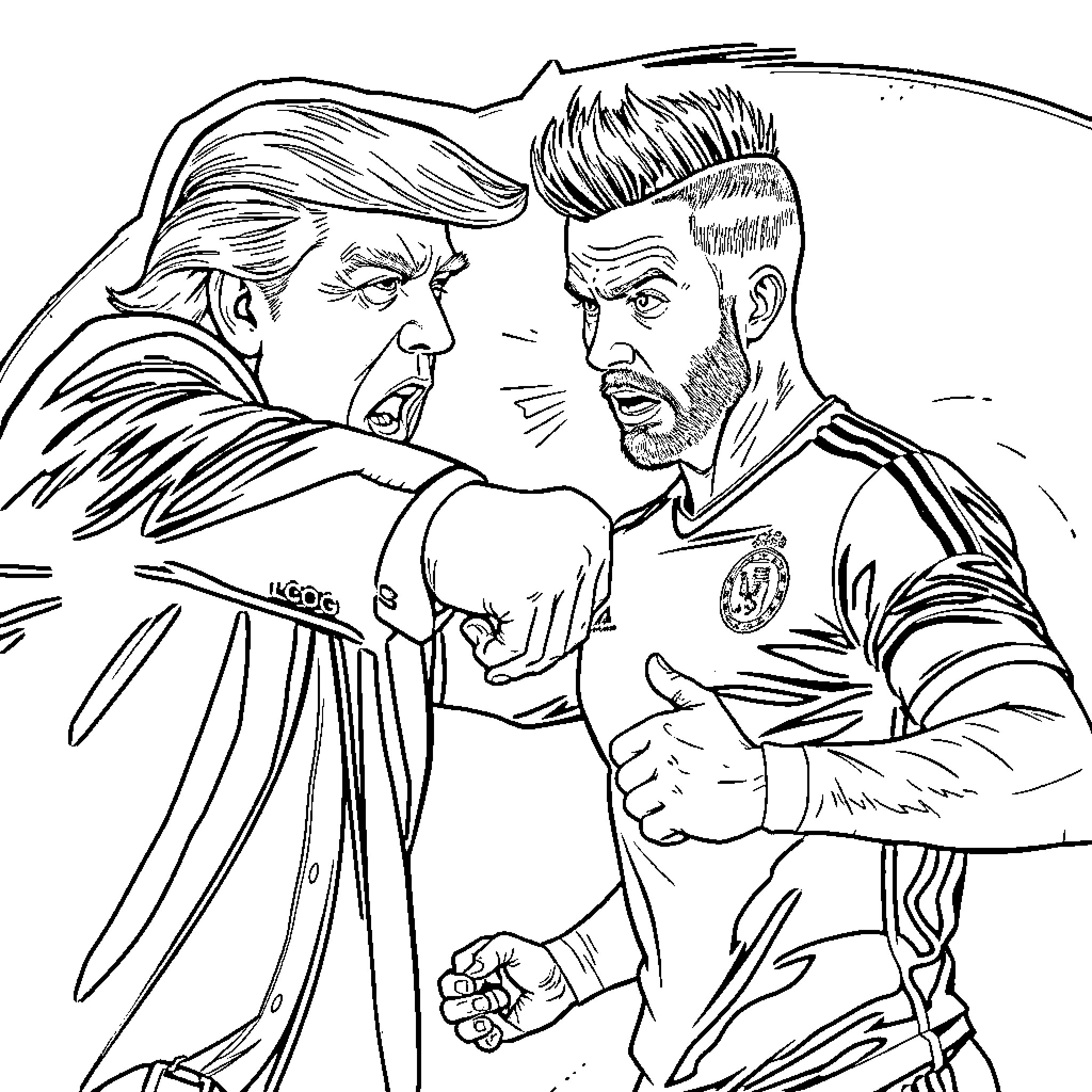 Donald Trump in confrontational discussion with another person Coloring Page (free black-and-white line drawing printable PDF for all, from beginners to advanced learners, including children, teens, adults, and seniors)