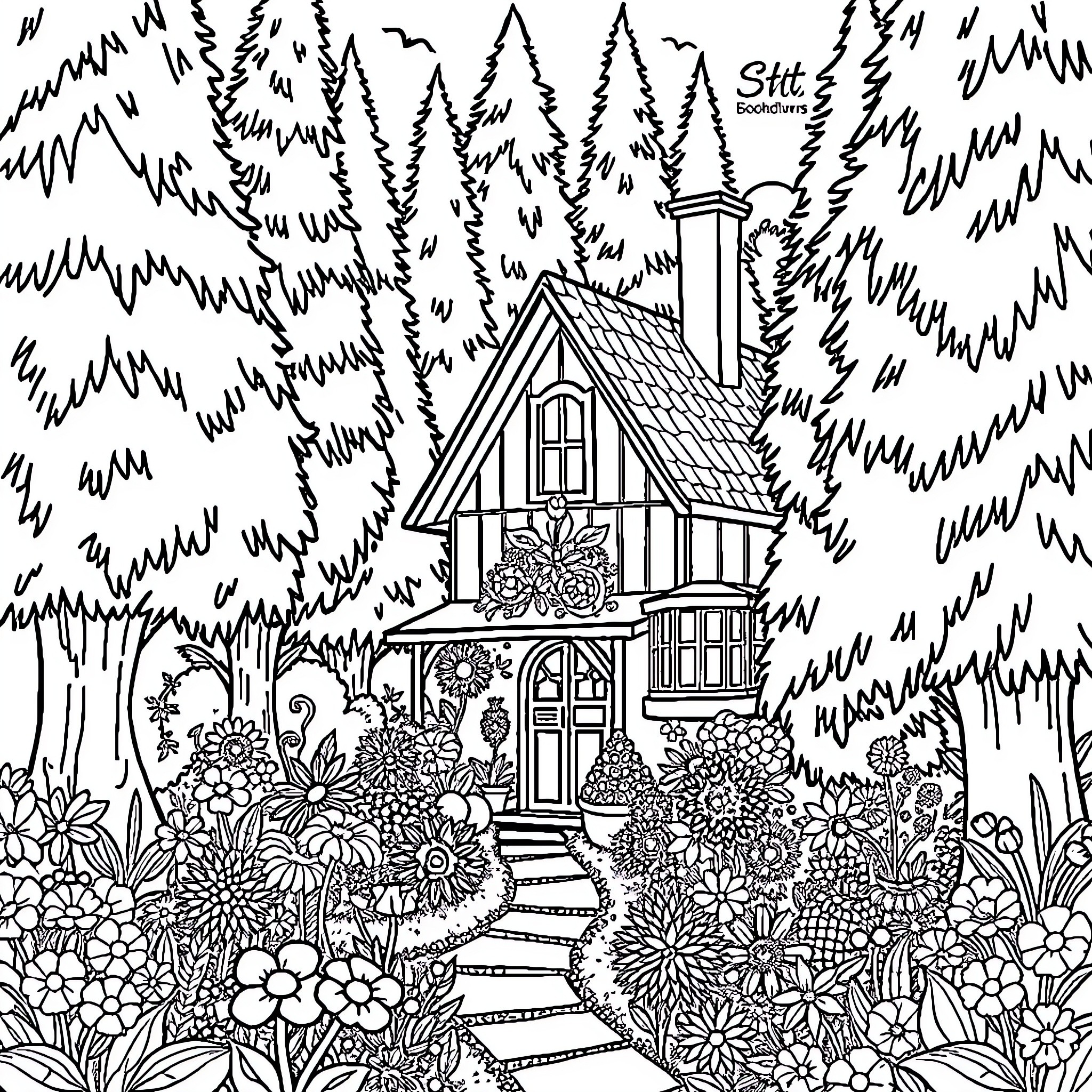 Garden Cottage in the Woodland Coloring Page (free black-and-white line drawing printable PDF for all, from beginners to advanced learners, including children, teens, adults, and seniors)