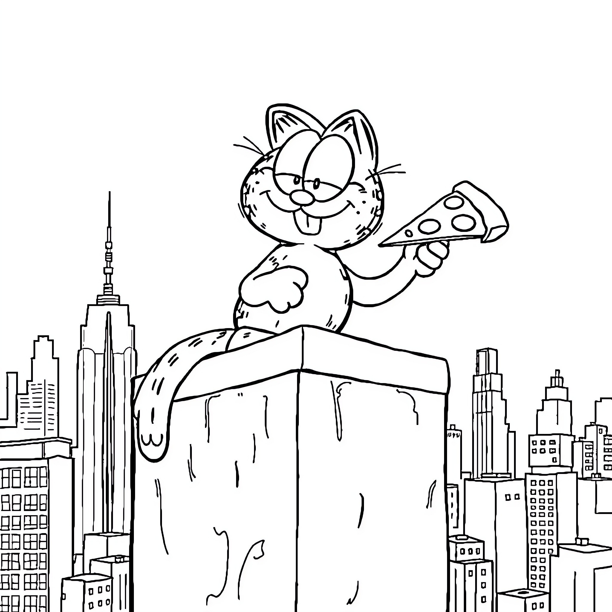 Garfield enjoying a slice of pizza on top of a skyscraper Coloring Page (free black-and-white line drawing printable PDF for all, from beginners to advanced learners, including children, teens, adults, and seniors)