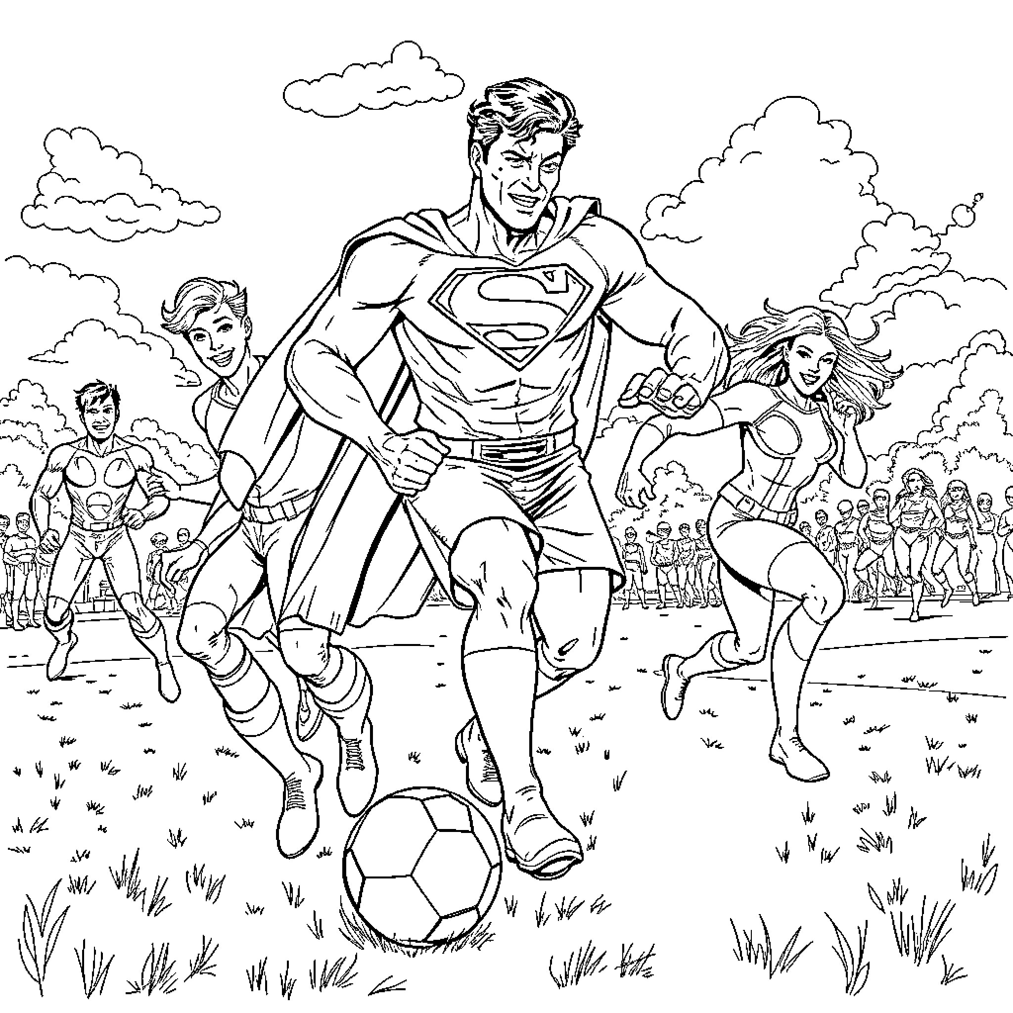 Superman and heroes playing soccer in nature Coloring Page (free black-and-white line drawing printable PDF for all, from beginners to advanced learners, including children, teens, adults, and seniors)