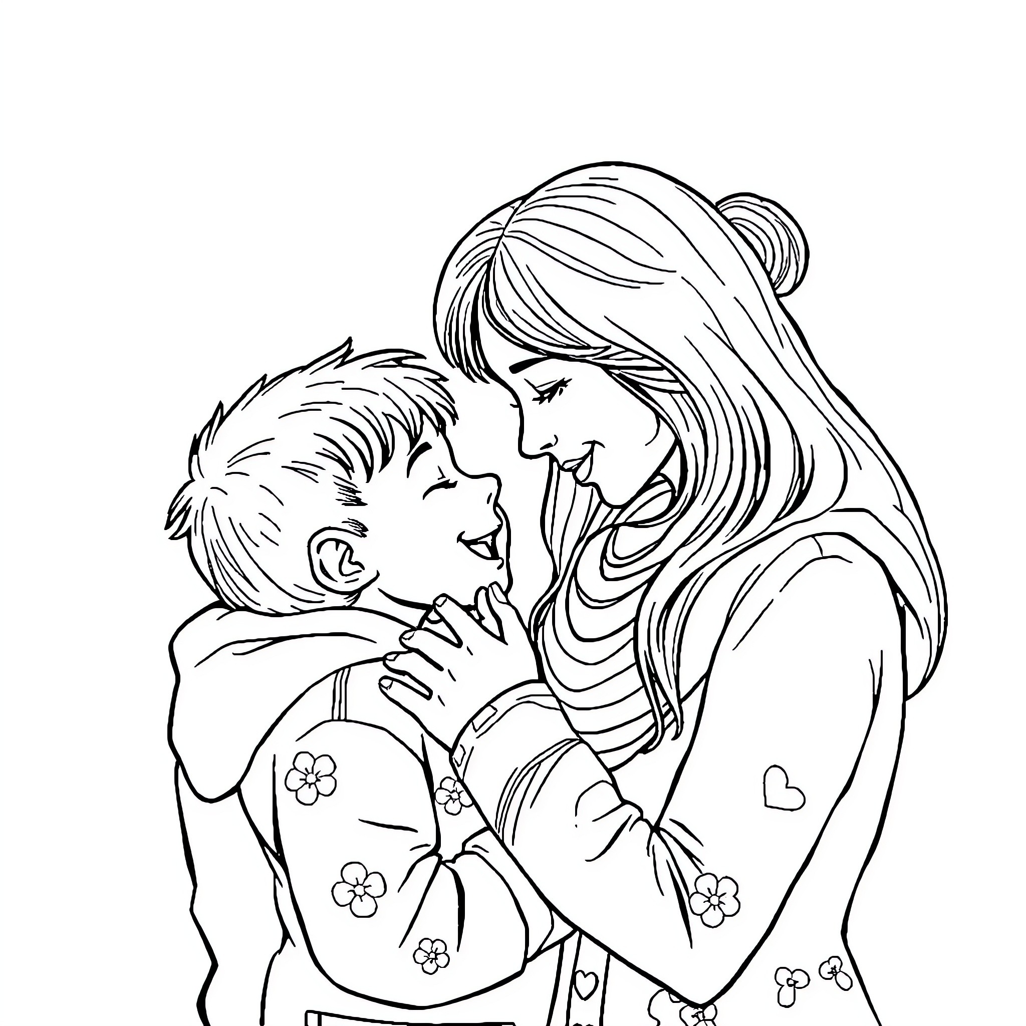 Family Moment of Tender Care and Affection Coloring Page (free black-and-white line drawing printable PDF for all, from beginners to advanced learners, including children, teens, adults, and seniors)