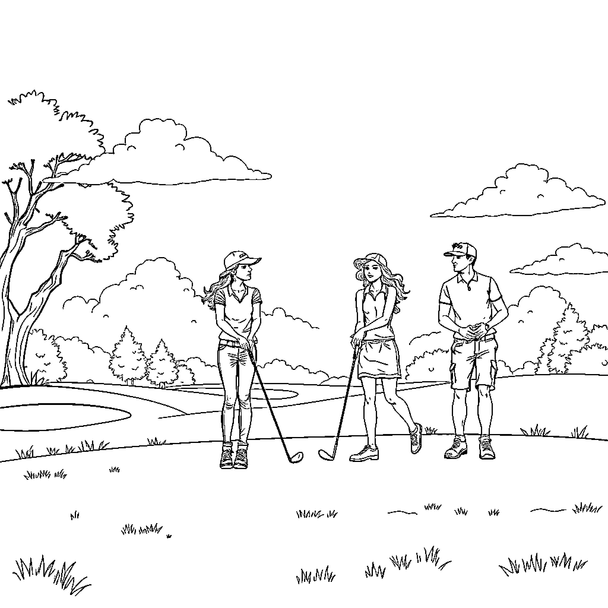 Vampire Diaries Trio Enjoying Outdoor Adventure Coloring Page (free black-and-white line drawing printable PDF for all, from beginners to advanced learners, including children, teens, adults, and seniors)