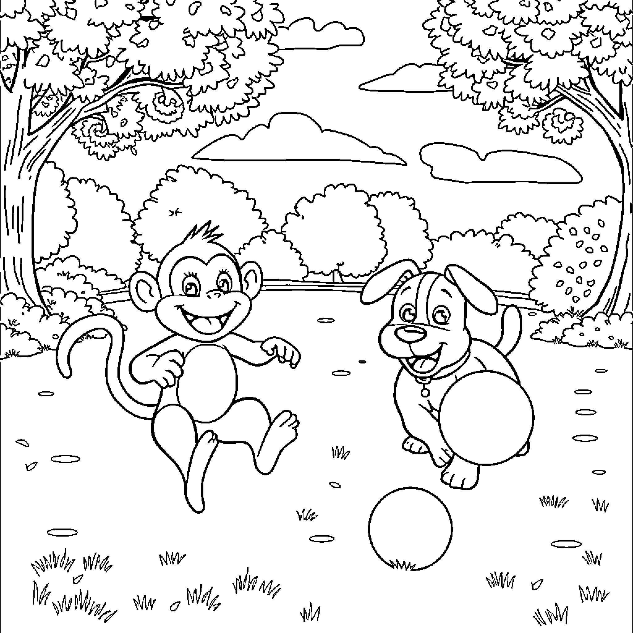 Monkey and dog playing together in the forest Coloring Page (free black-and-white line drawing printable PDF for all, from beginners to advanced learners, including children, teens, adults, and seniors)