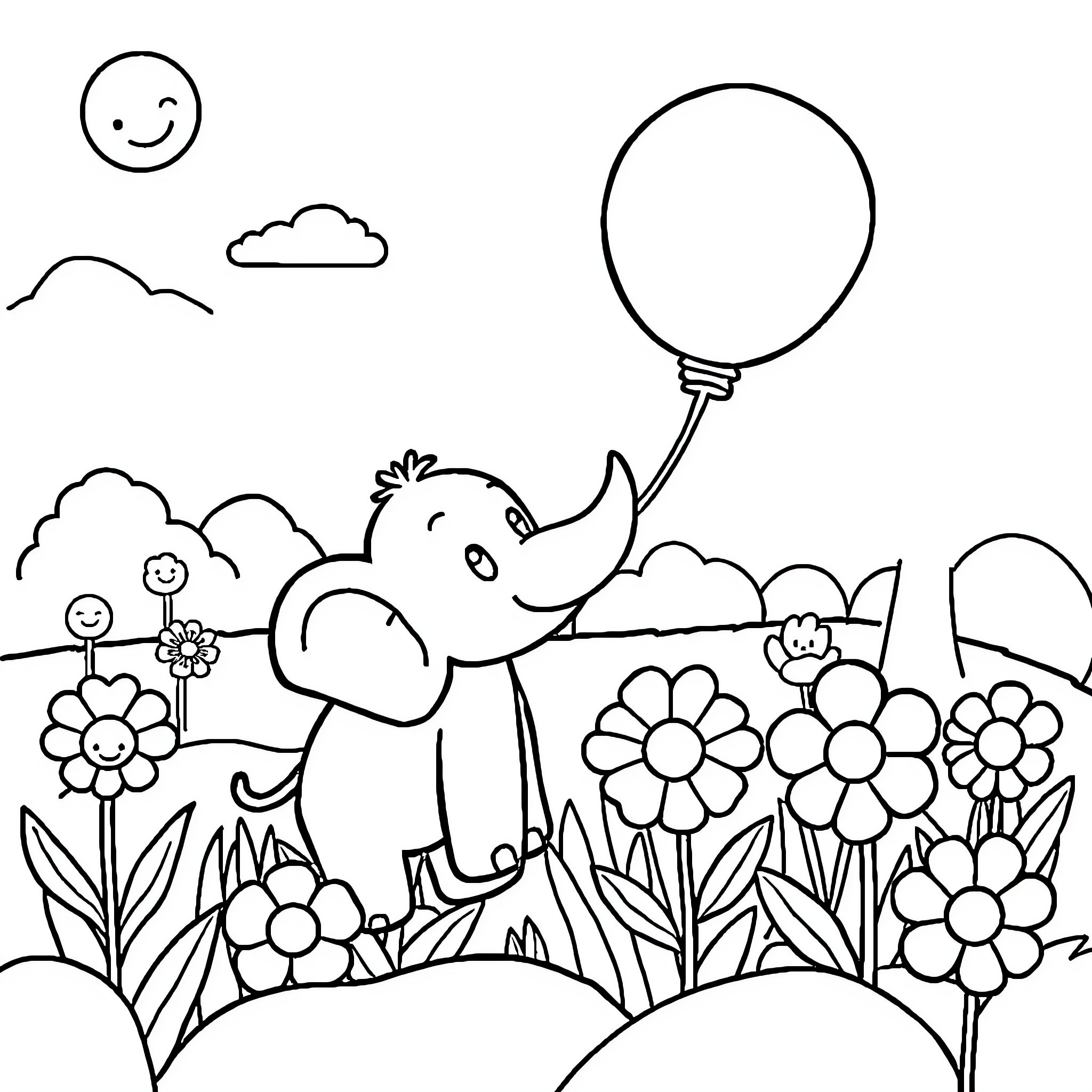 Elephant flying a balloon in a floral meadow Coloring Page (free black-and-white line drawing printable PDF for all, from beginners to advanced learners, including children, teens, adults, and seniors)
