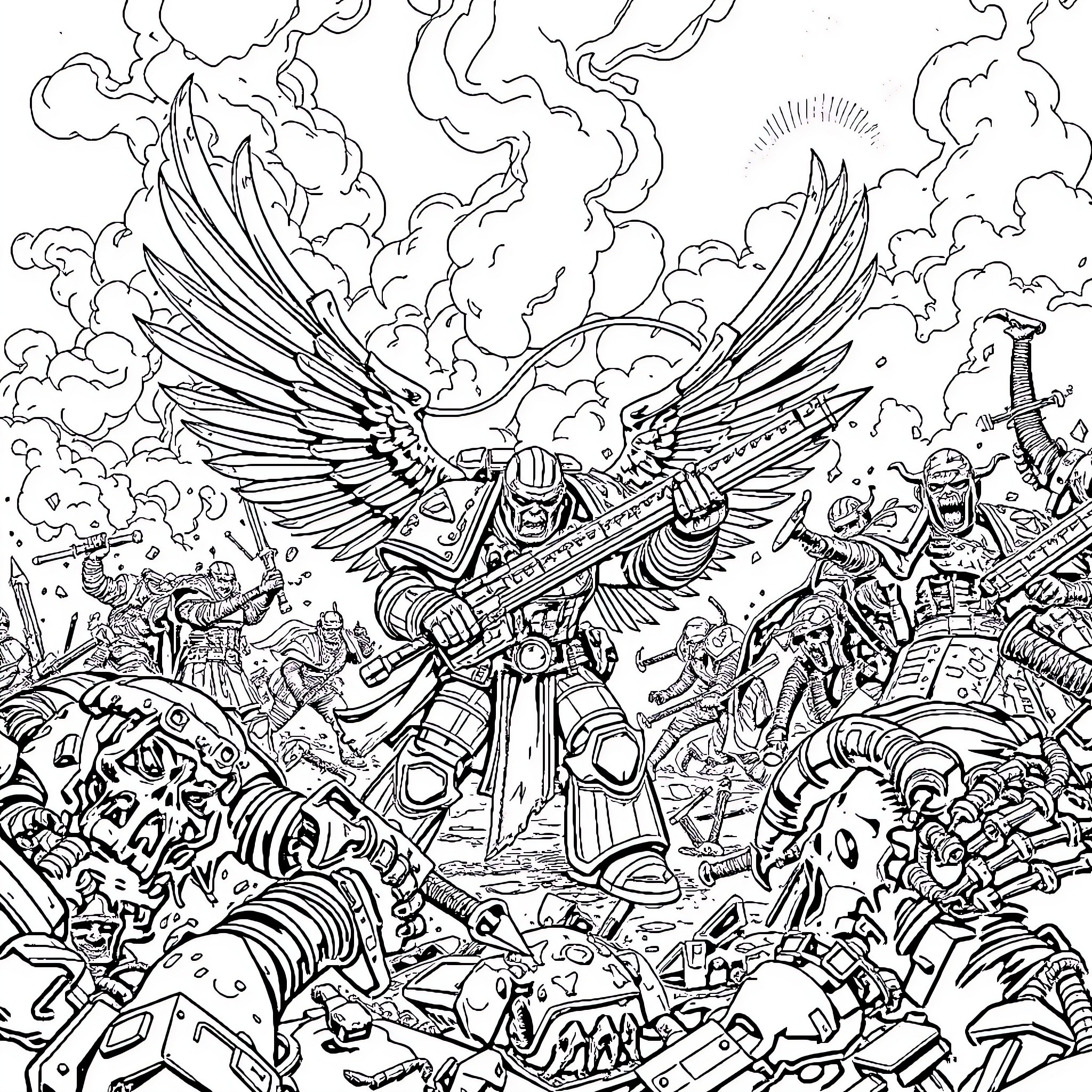 Angel of Destruction Unleashing Chaos and Destruction Coloring Page (free black-and-white line drawing printable PDF for all, from beginners to advanced learners, including children, teens, adults, and seniors)