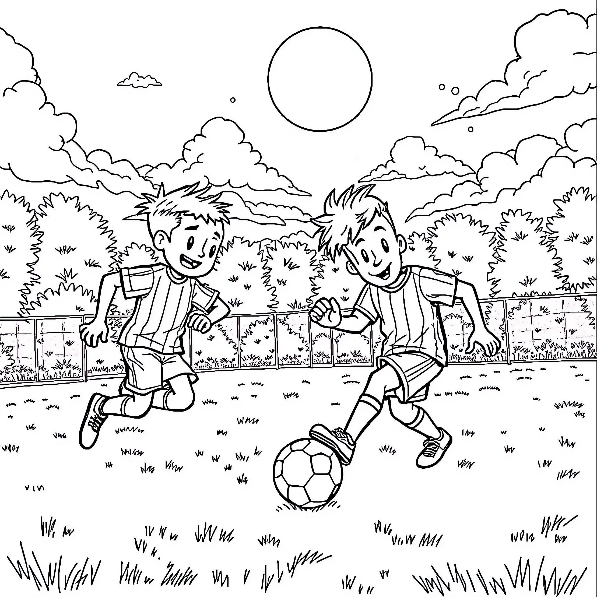 Brainrot boys playing soccer in the park Coloring Page (free black-and-white line drawing printable PDF for all, from beginners to advanced learners, including children, teens, adults, and seniors)