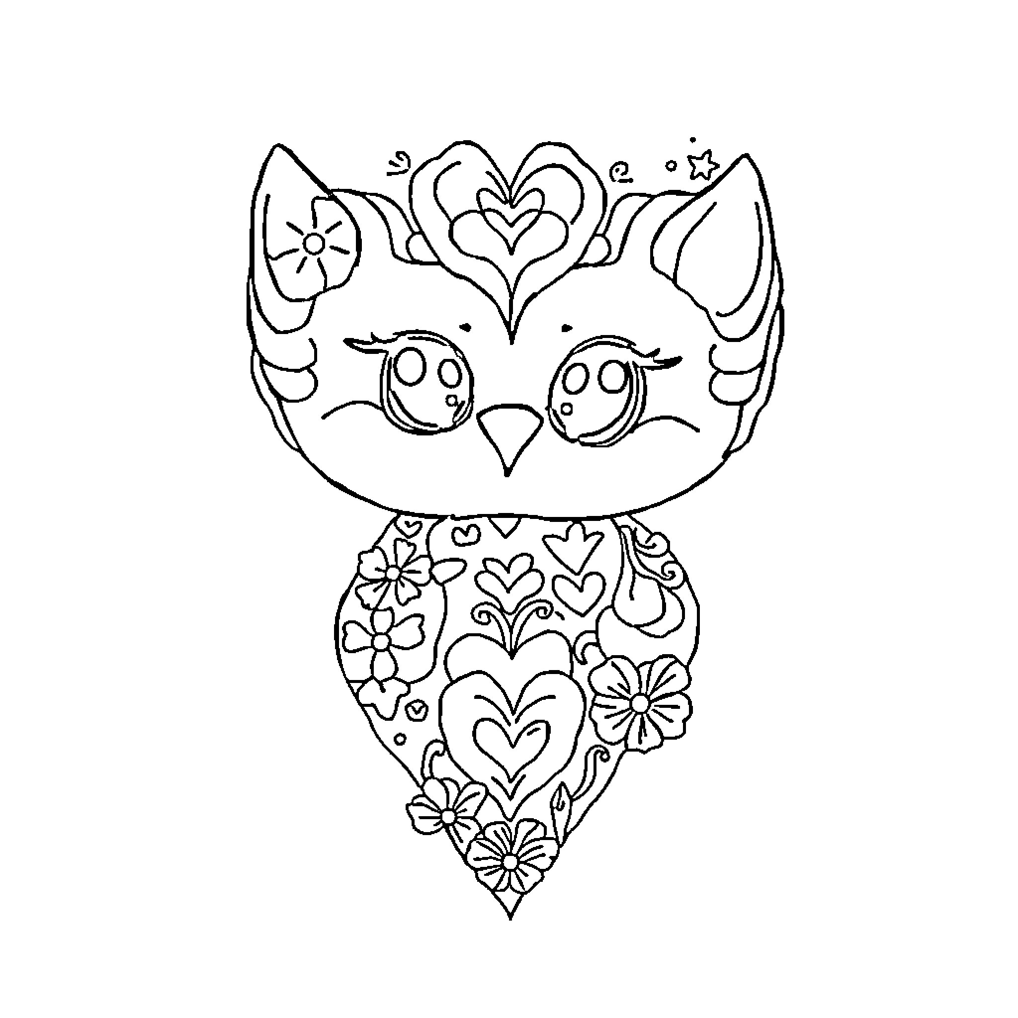 Heart-shaped Owl with Floral Patterns Coloring Page (free black-and-white line drawing printable PDF for all, from beginners to advanced learners, including children, teens, adults, and seniors)