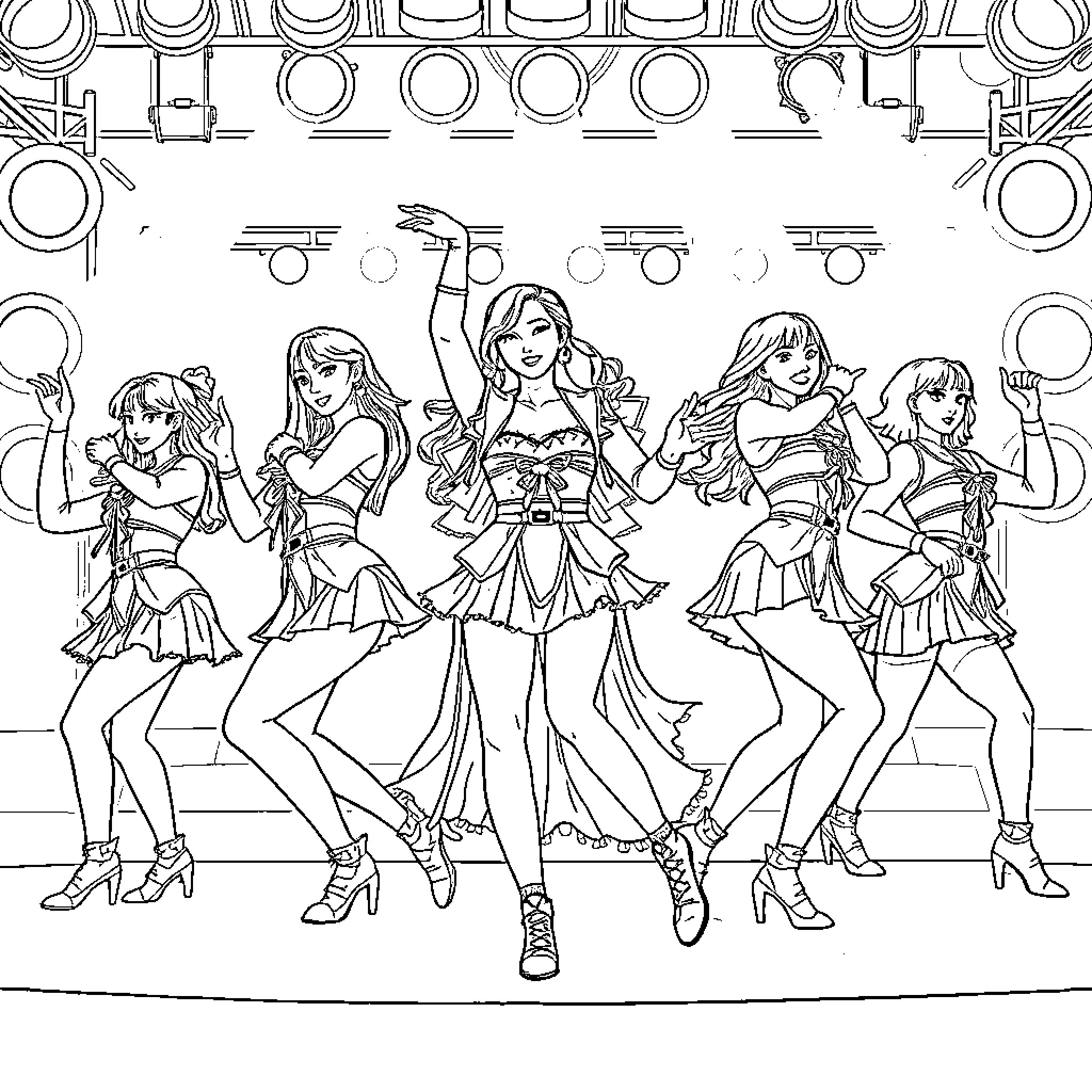 K Pop Performers in Vibrant Outfits and Expressive Poses Coloring Page (free black-and-white line drawing printable PDF for all, from beginners to advanced learners, including children, teens, adults, and seniors)