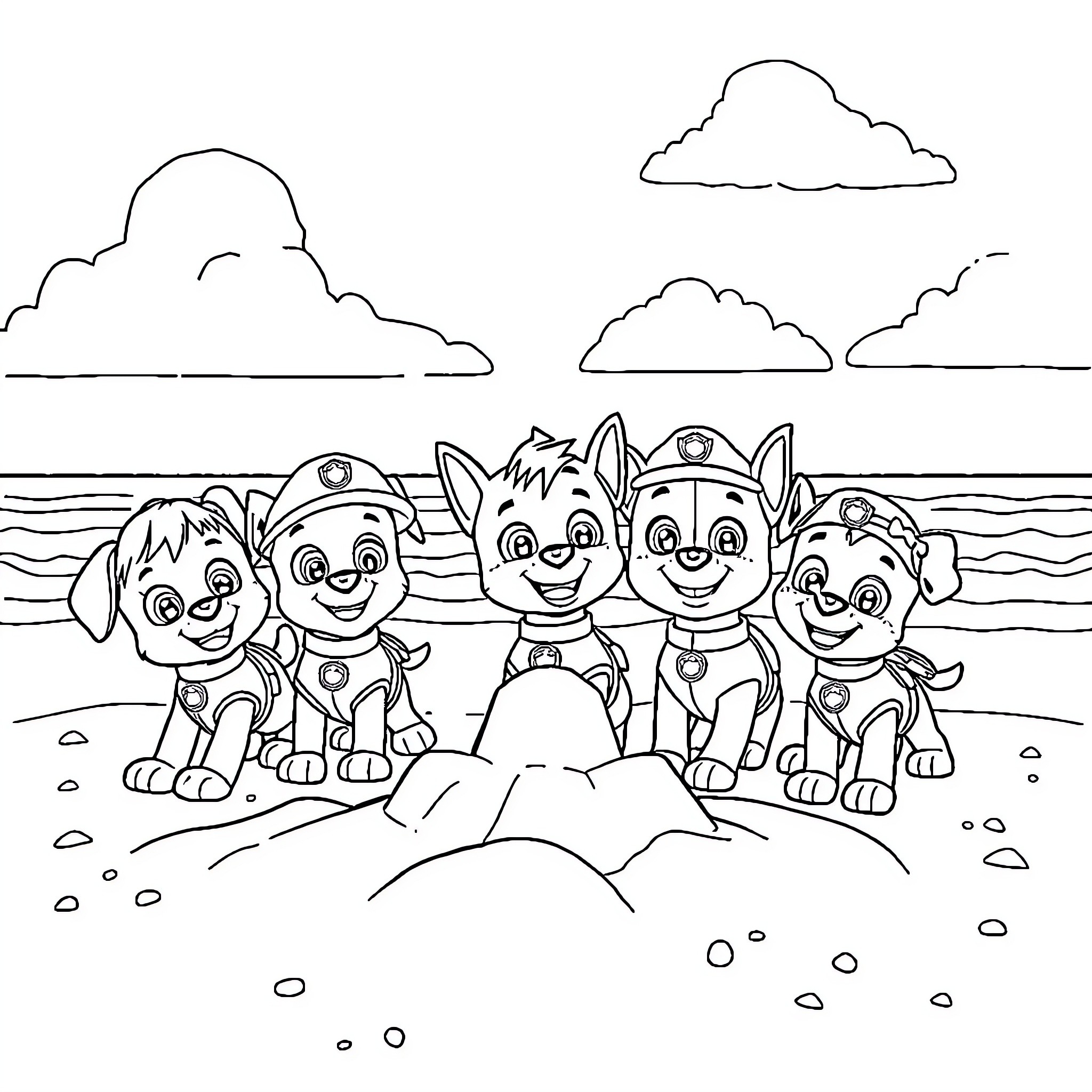 Paw Patrol Pups on the Beach Coloring Page (free black-and-white line drawing printable PDF for all, from beginners to advanced learners, including children, teens, adults, and seniors)