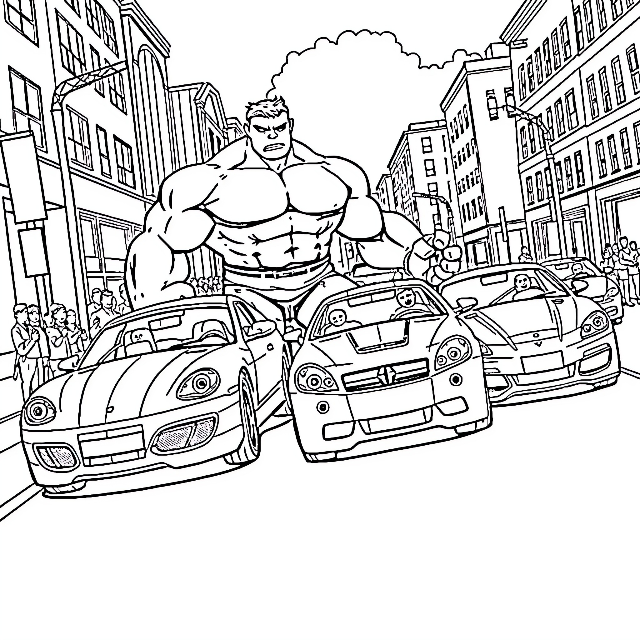 Car heroic character standing among vehicles on city street Coloring Page (free black-and-white line drawing printable PDF for all, from beginners to advanced learners, including children, teens, adults, and seniors)