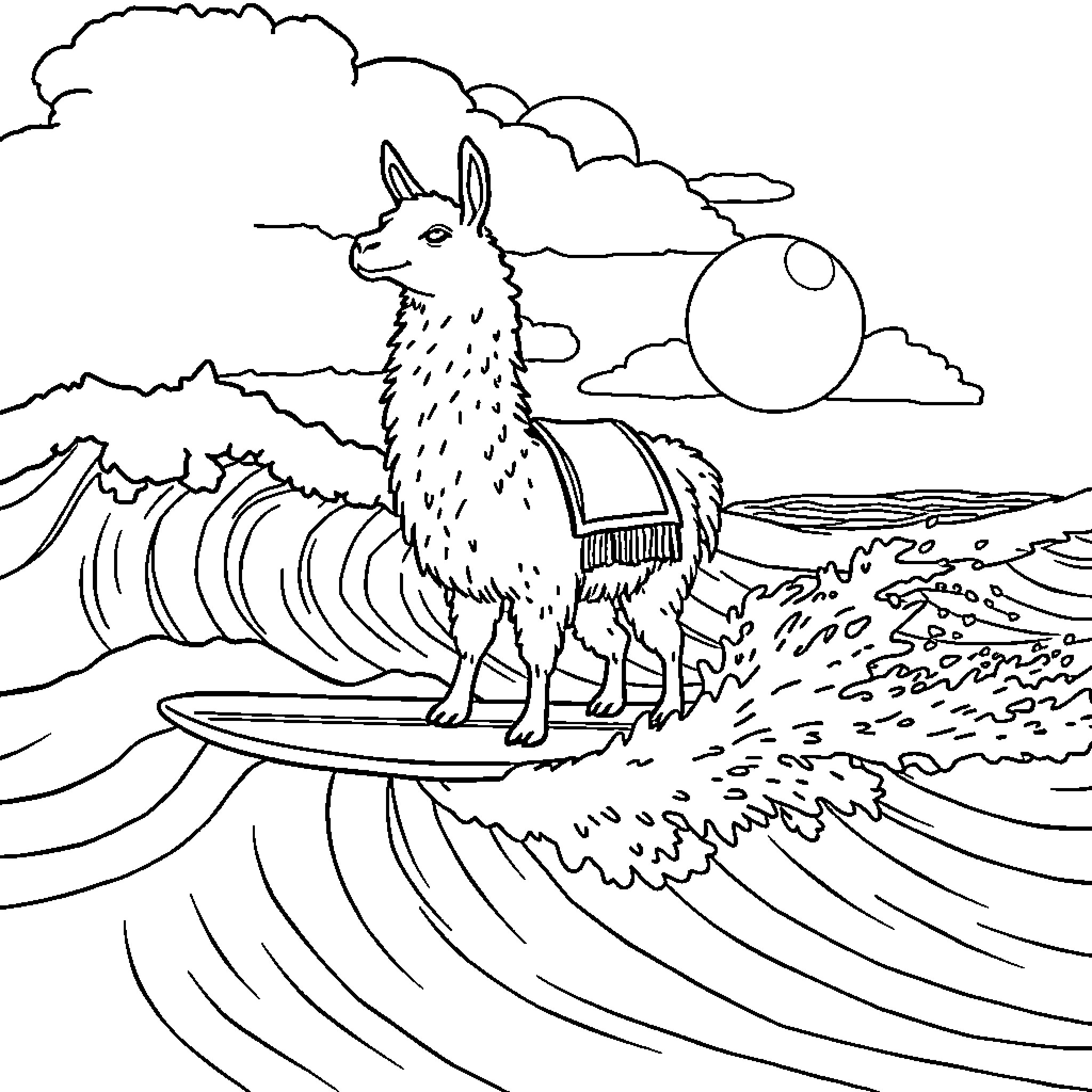 Llama surfing the waves on a sunny day Coloring Page (free black-and-white line drawing printable PDF for all, from beginners to advanced learners, including children, teens, adults, and seniors)
