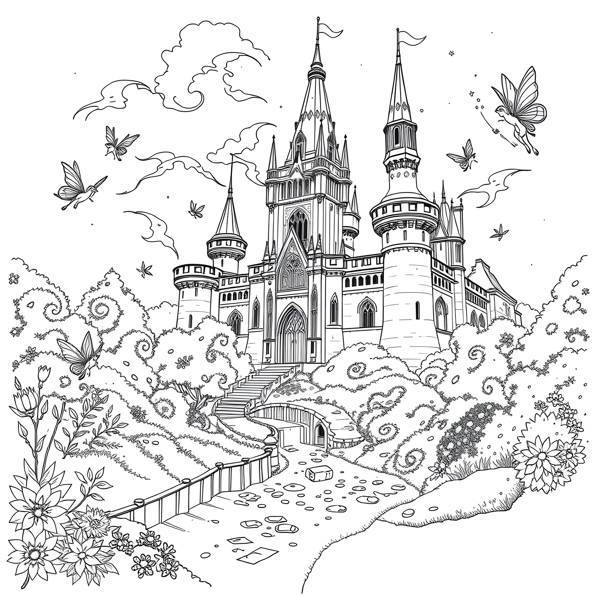Faerie Palace with Whimsical Butterflies and Nature Coloring Page (free black-and-white line drawing printable PDF for all, from beginners to advanced learners, including children, teens, adults, and seniors)