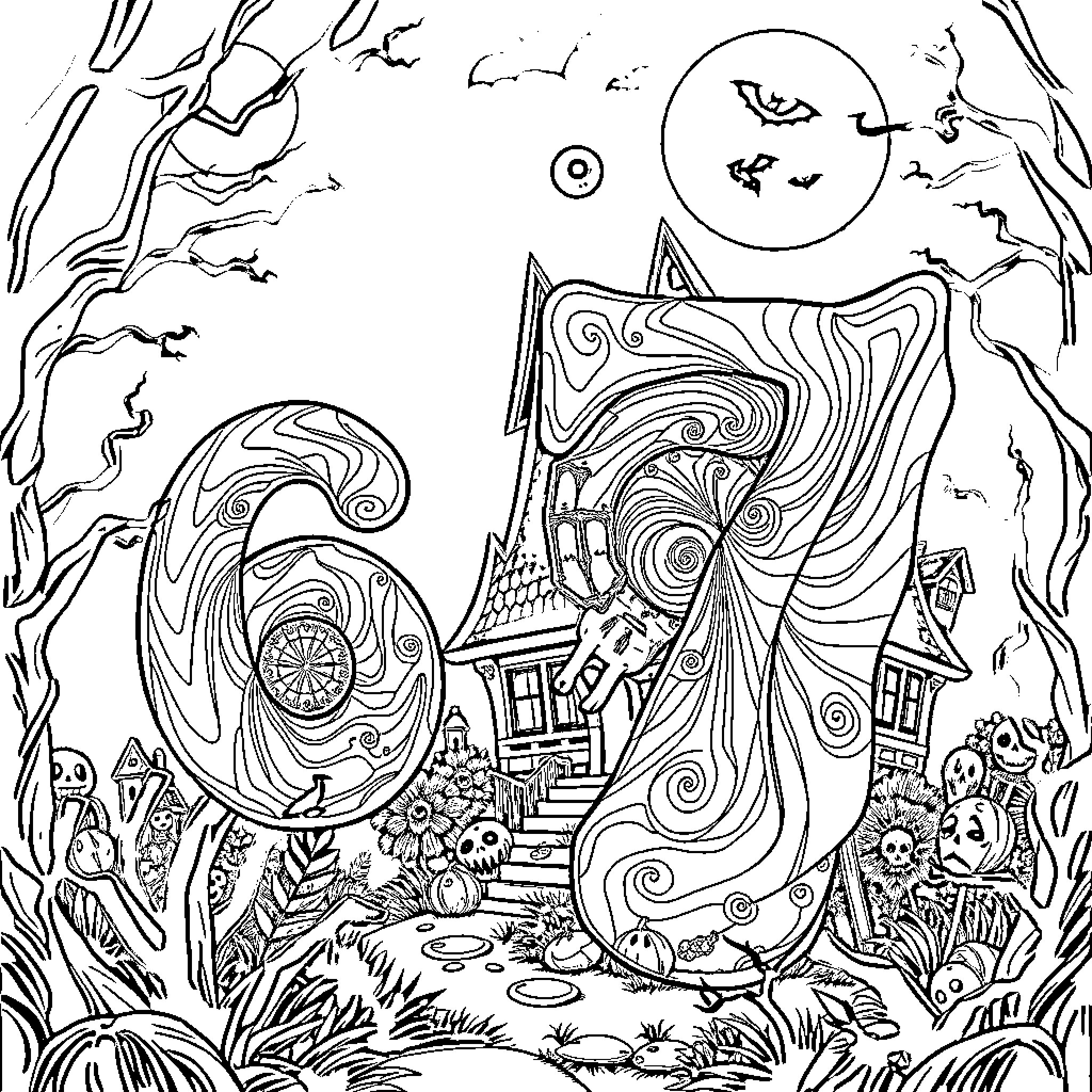 Number Haunting Mysterious Castle at Night Coloring Page (free black-and-white line drawing printable PDF for all, from beginners to advanced learners, including children, teens, adults, and seniors)