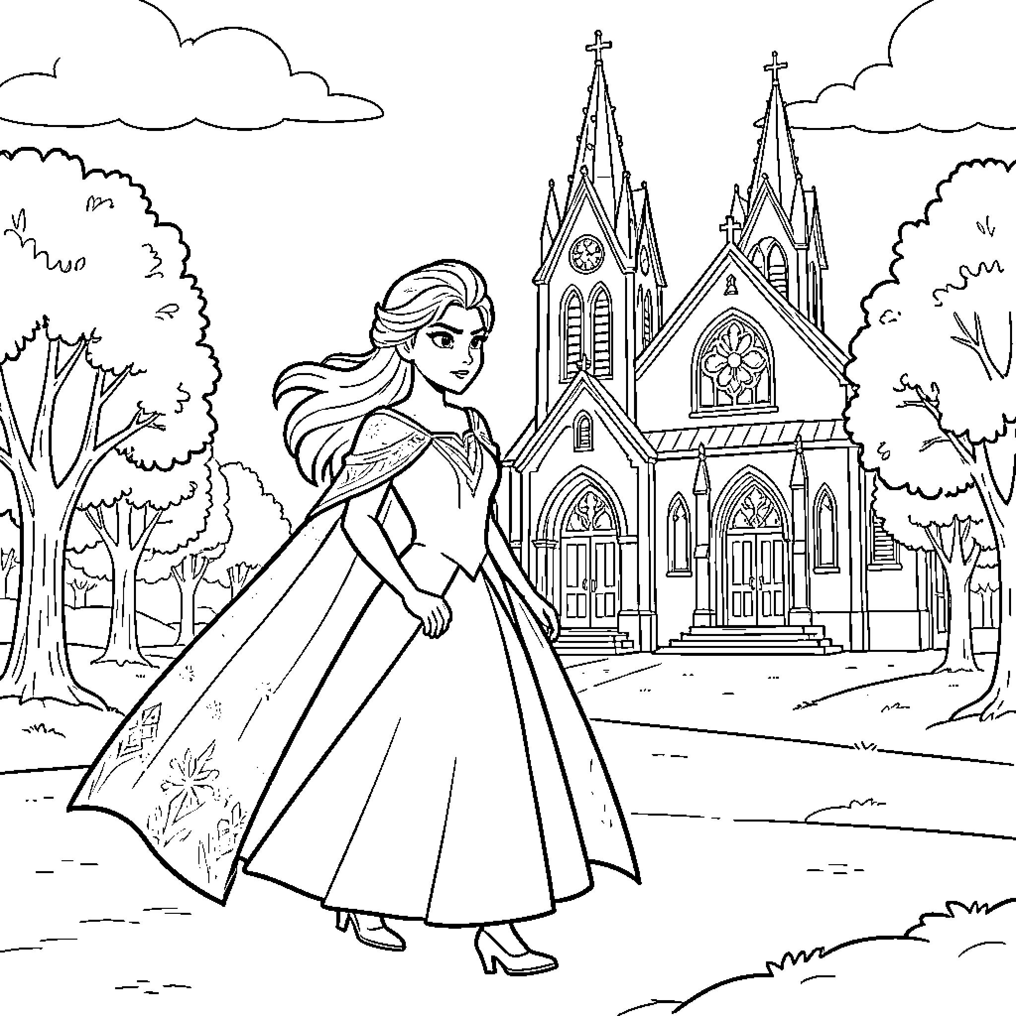 Elsa walking gracefully in front of a large church Coloring Page (free black-and-white line drawing printable PDF for all, from beginners to advanced learners, including children, teens, adults, and seniors)