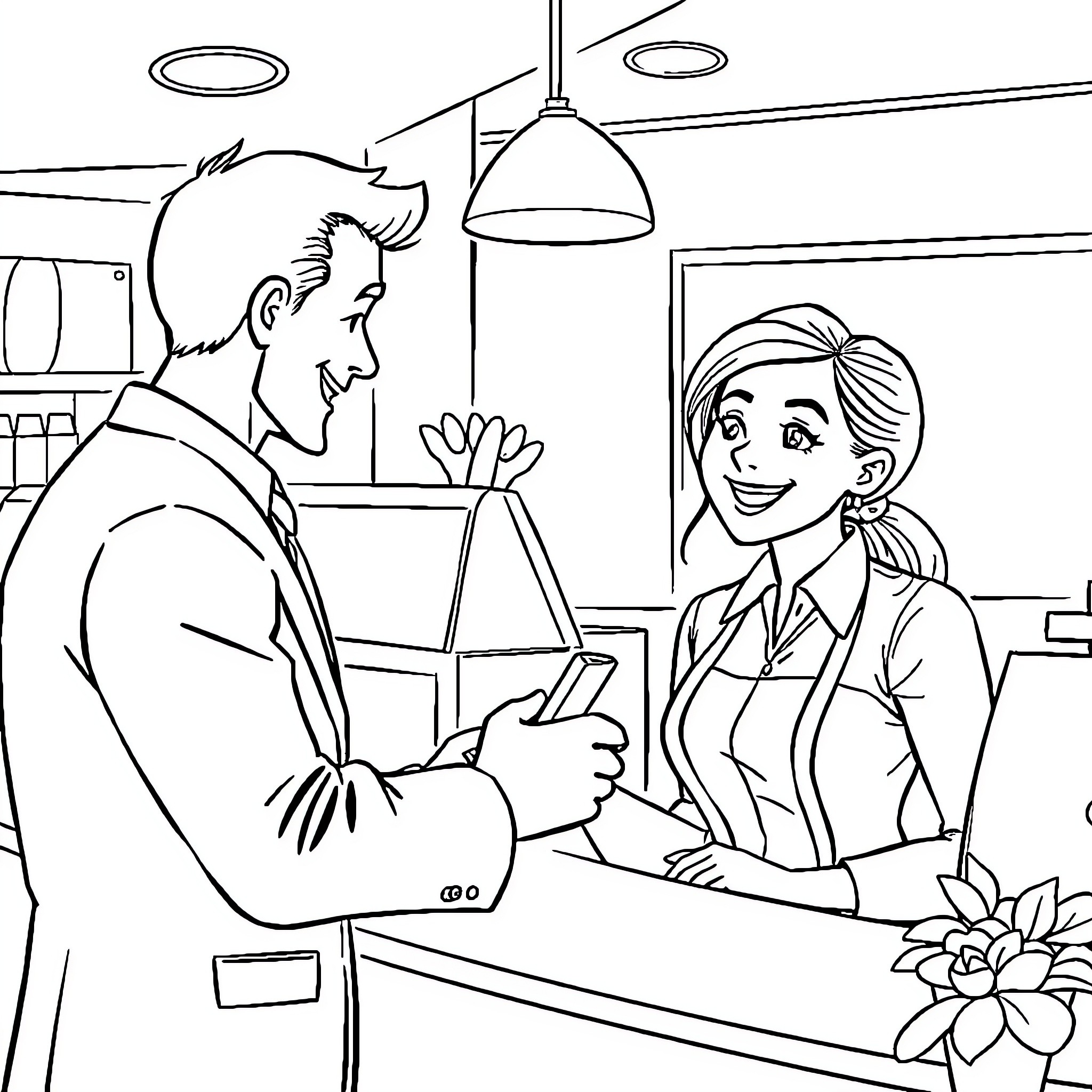 Customer Service Professional Assisting Client Coloring Page (free black-and-white line drawing printable PDF for all, from beginners to advanced learners, including children, teens, adults, and seniors)