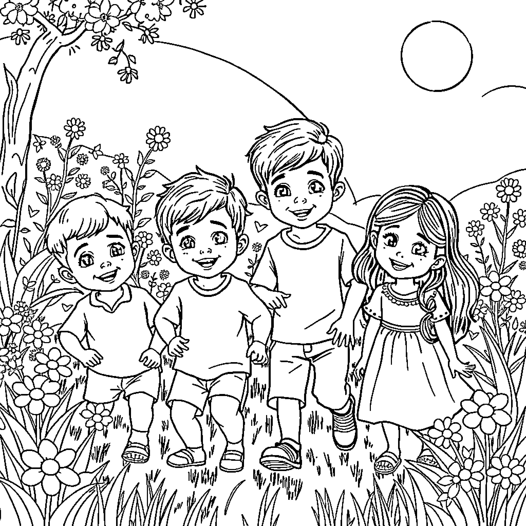 Children playing happily in a flower garden Coloring Page (free black-and-white line drawing printable PDF for all, from beginners to advanced learners, including children, teens, adults, and seniors)