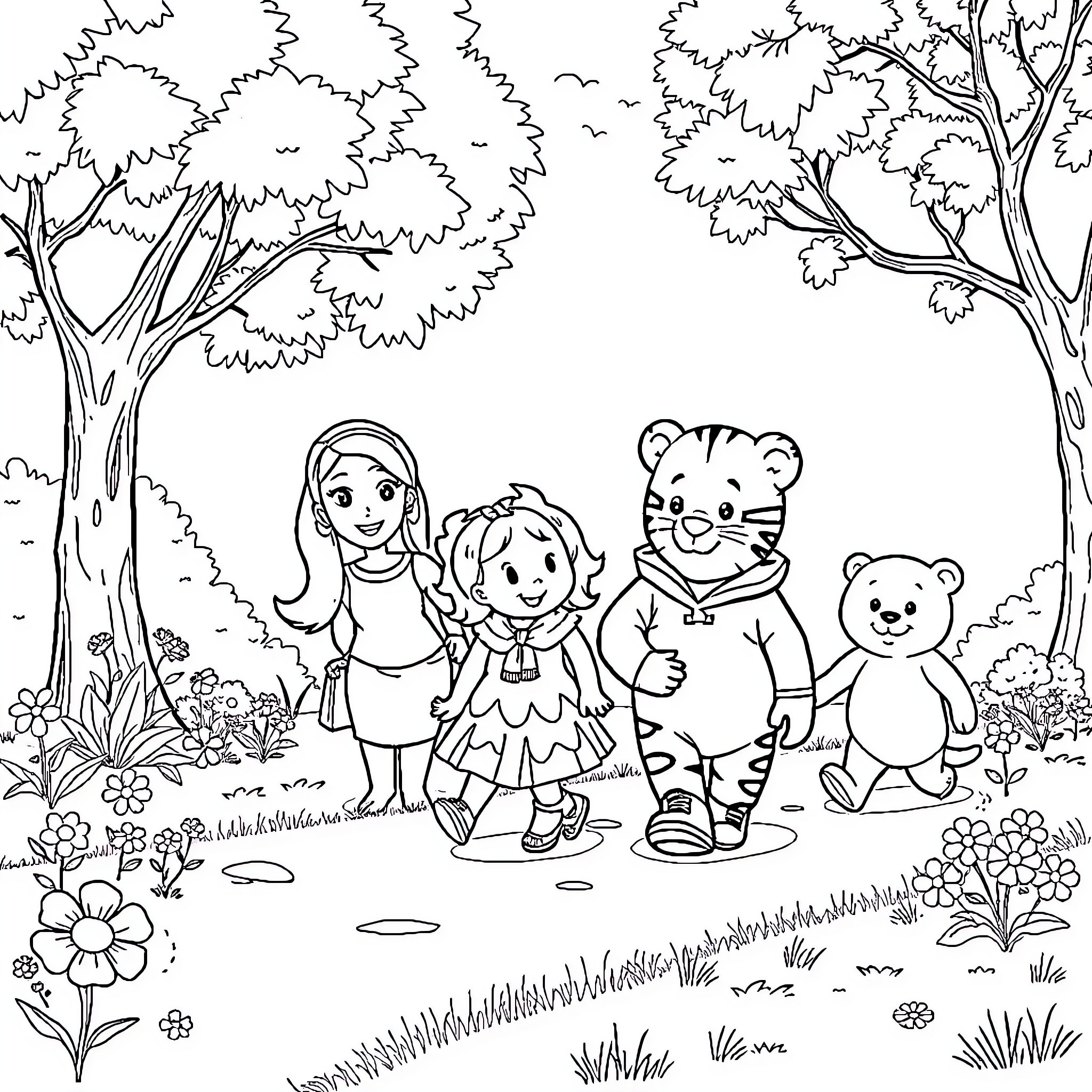Character friends enjoying nature together Coloring Page (free black-and-white line drawing printable PDF for all, from beginners to advanced learners, including children, teens, adults, and seniors)