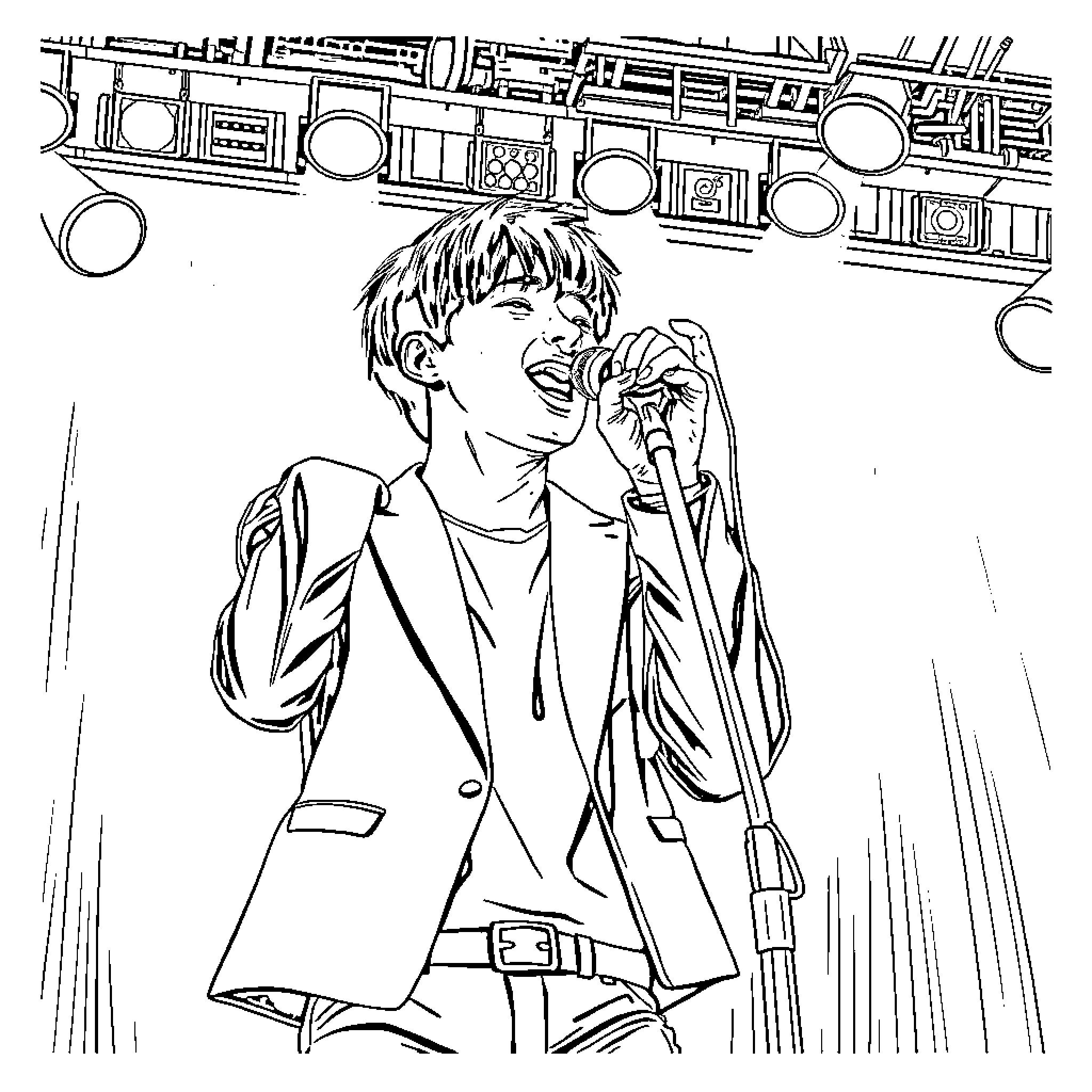 Min Yoongi performing passionately on stage Coloring Page (free black-and-white line drawing printable PDF for all, from beginners to advanced learners, including children, teens, adults, and seniors)