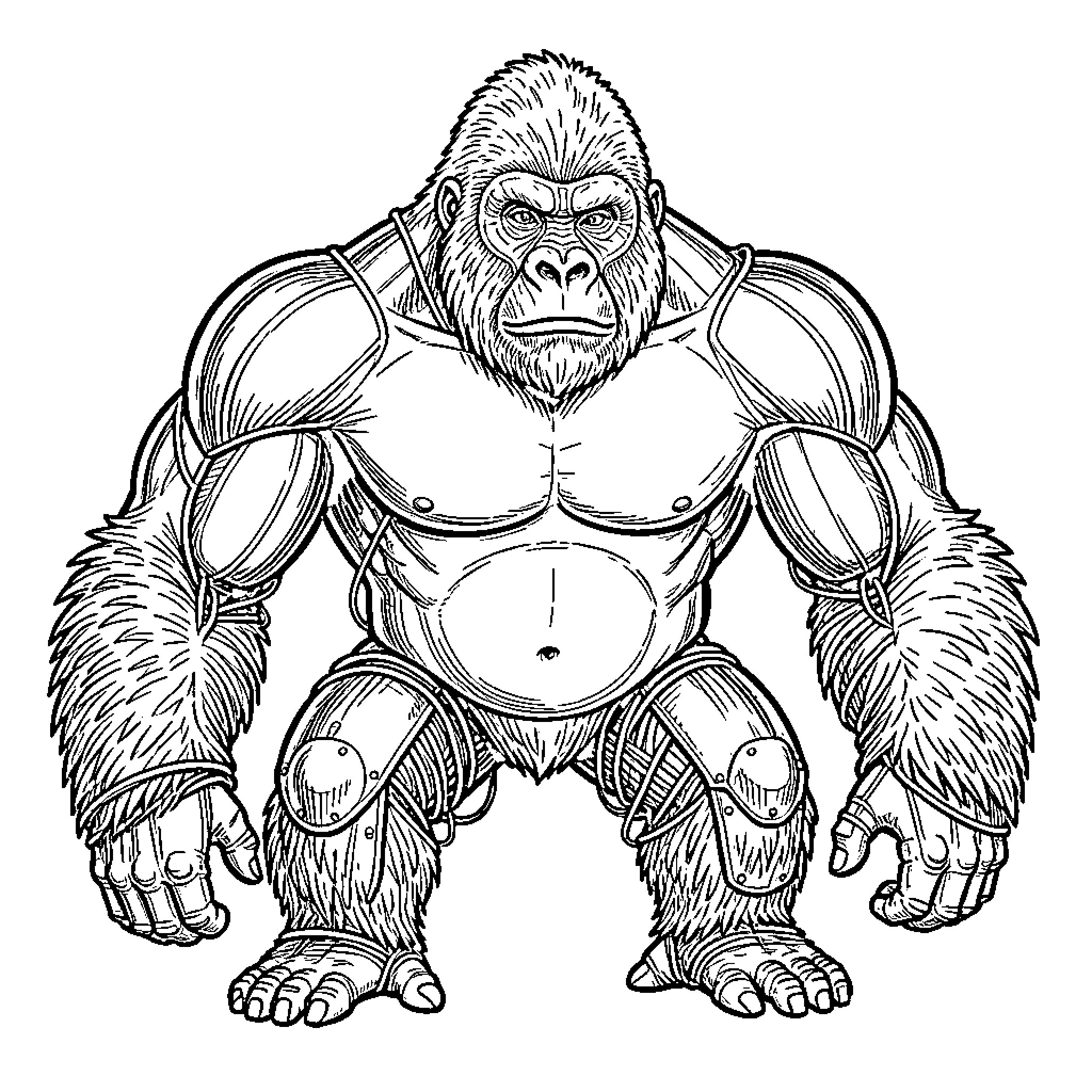 Robot Gorilla in Action Pose Coloring Page (free black-and-white line drawing printable PDF for all, from beginners to advanced learners, including children, teens, adults, and seniors)