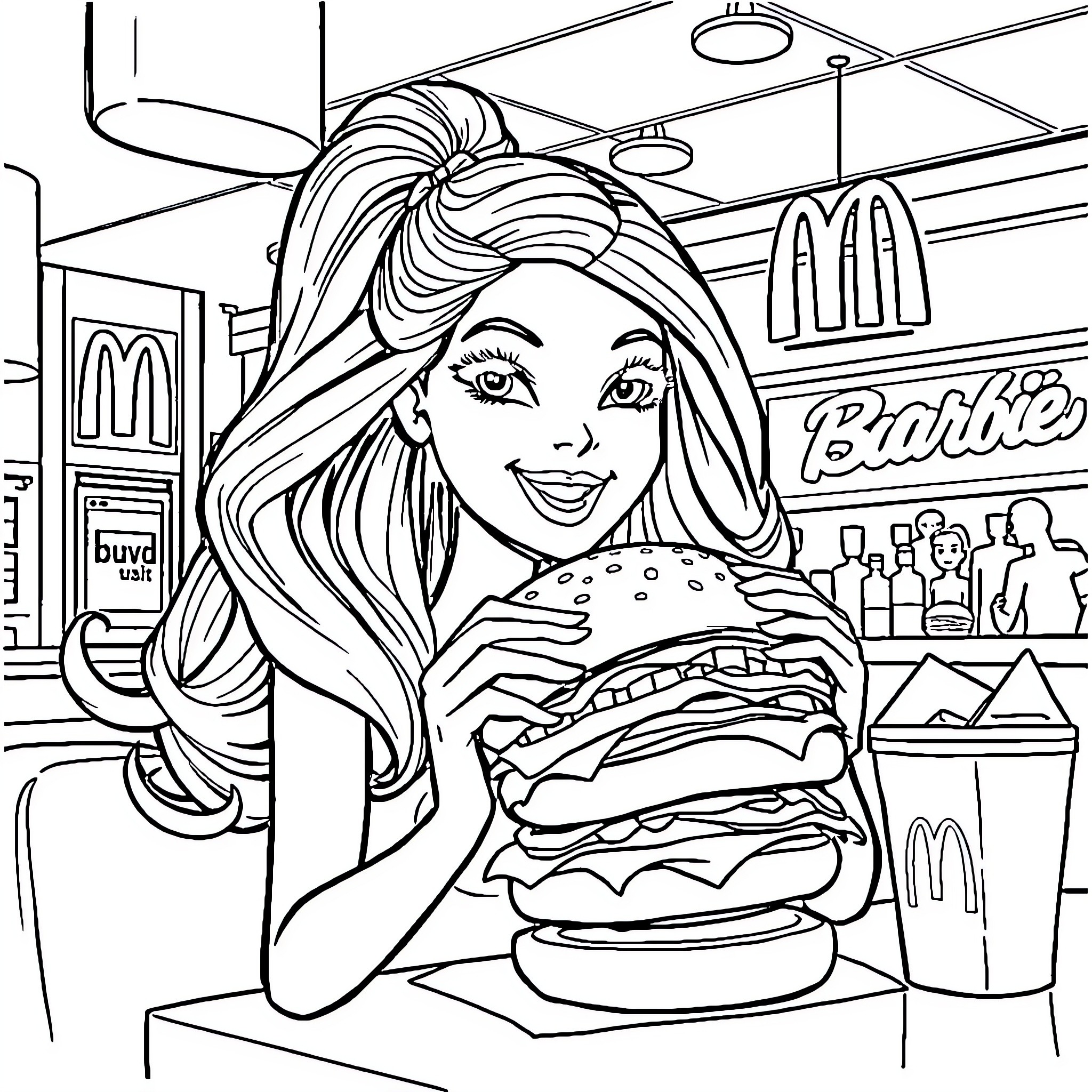 Barbie Enjoying a Delicious Burger at the Diner Coloring Page (free black-and-white line drawing printable PDF for all, from beginners to advanced learners, including children, teens, adults, and seniors)
