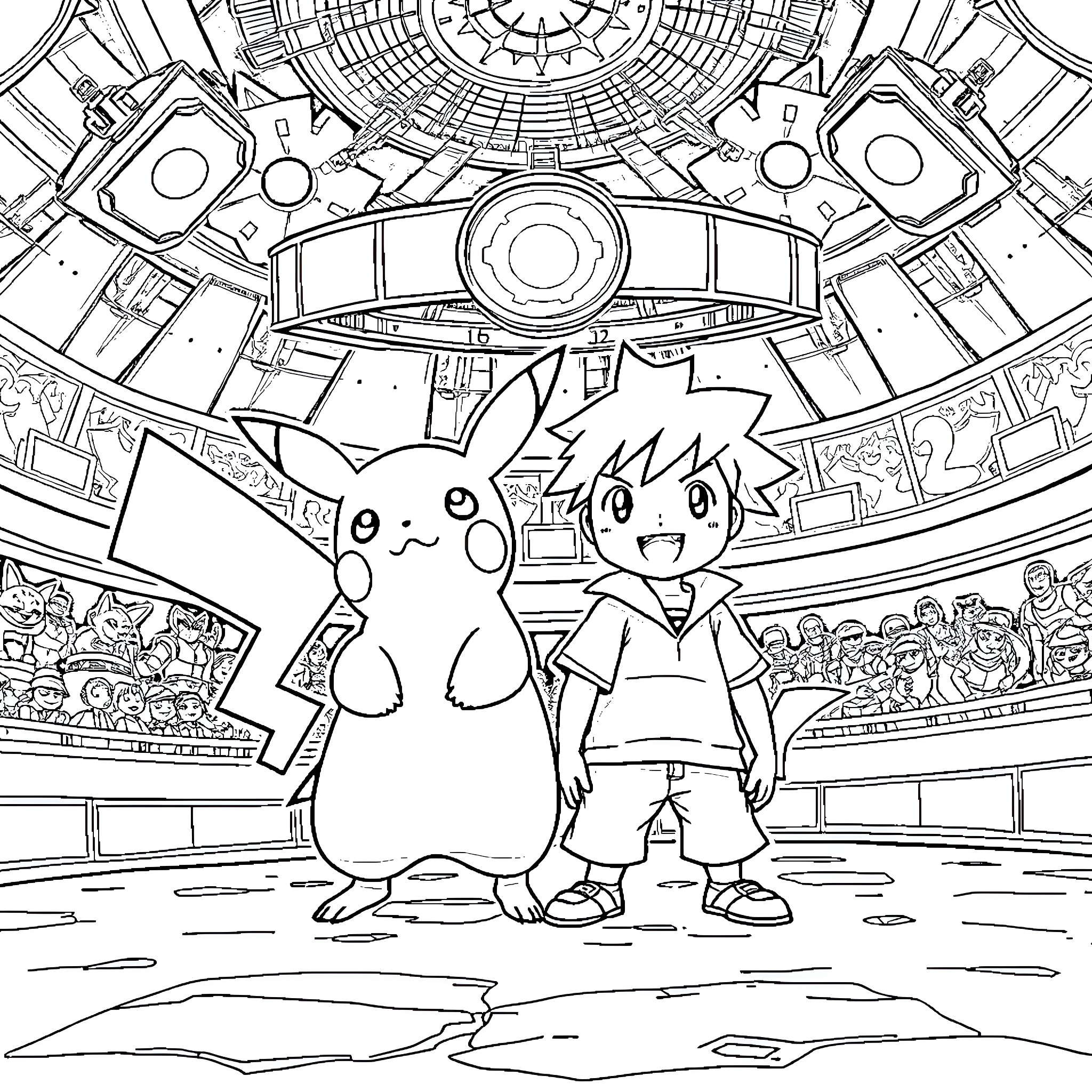 Pikachu and Trainer Exploring a Pokemon Arena Coloring Page (free black-and-white line drawing printable PDF for all, from beginners to advanced learners, including children, teens, adults, and seniors)