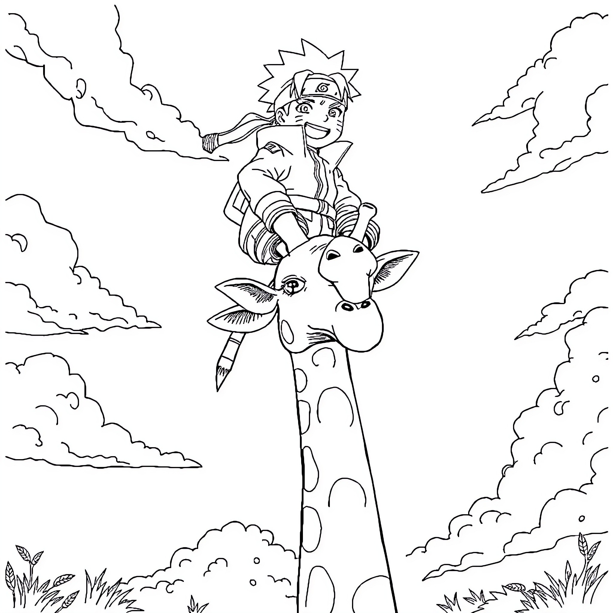 Naruto riding an excited giraffe in the clouds Coloring Page (free black-and-white line drawing printable PDF for all, from beginners to advanced learners, including children, teens, adults, and seniors)