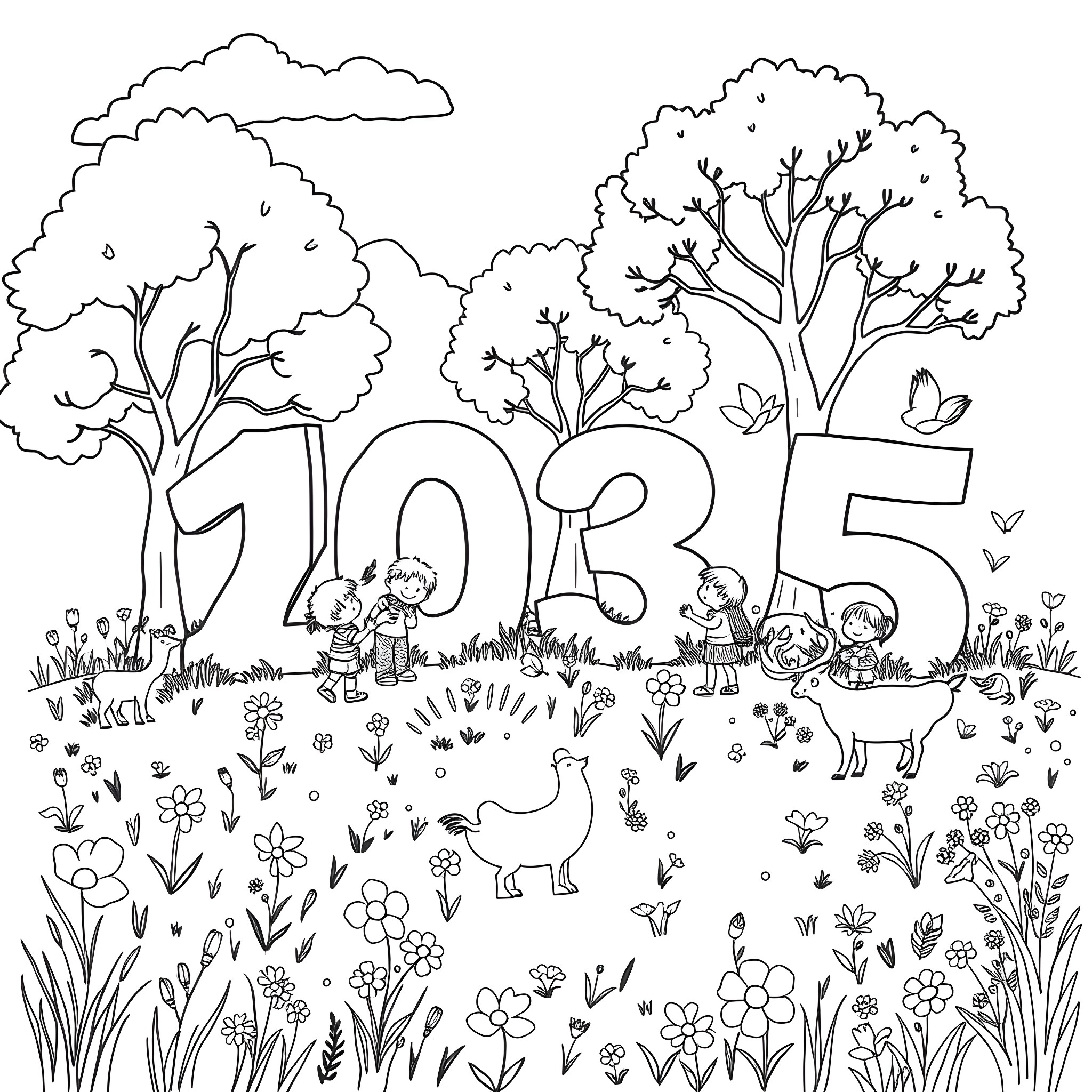Child playing with animals in nature Coloring Page (free black-and-white line drawing printable PDF for all, from beginners to advanced learners, including children, teens, adults, and seniors)