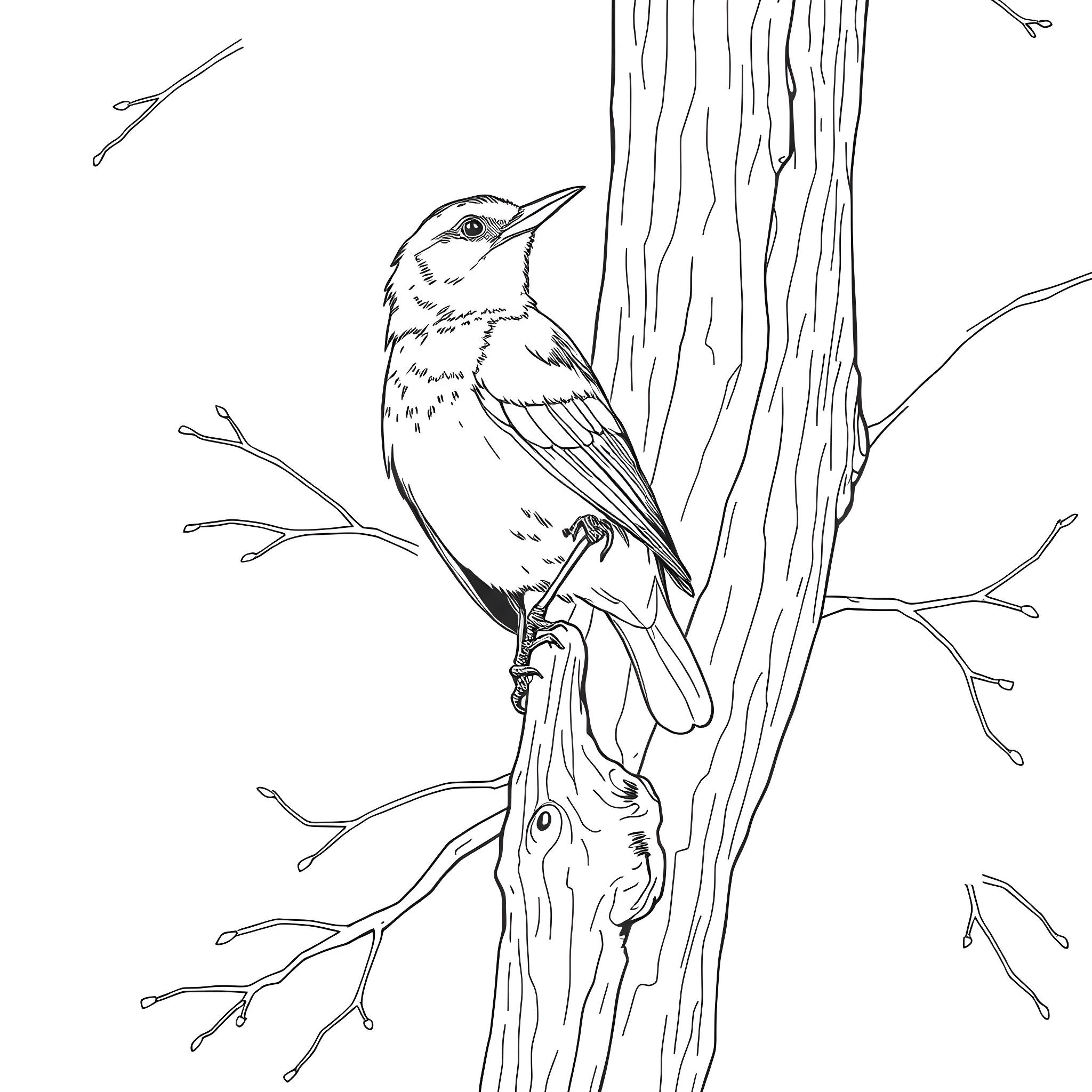 Tanager perched on a tree branch Coloring Page (free black-and-white line drawing printable PDF for all, from beginners to advanced learners, including children, teens, adults, and seniors)
